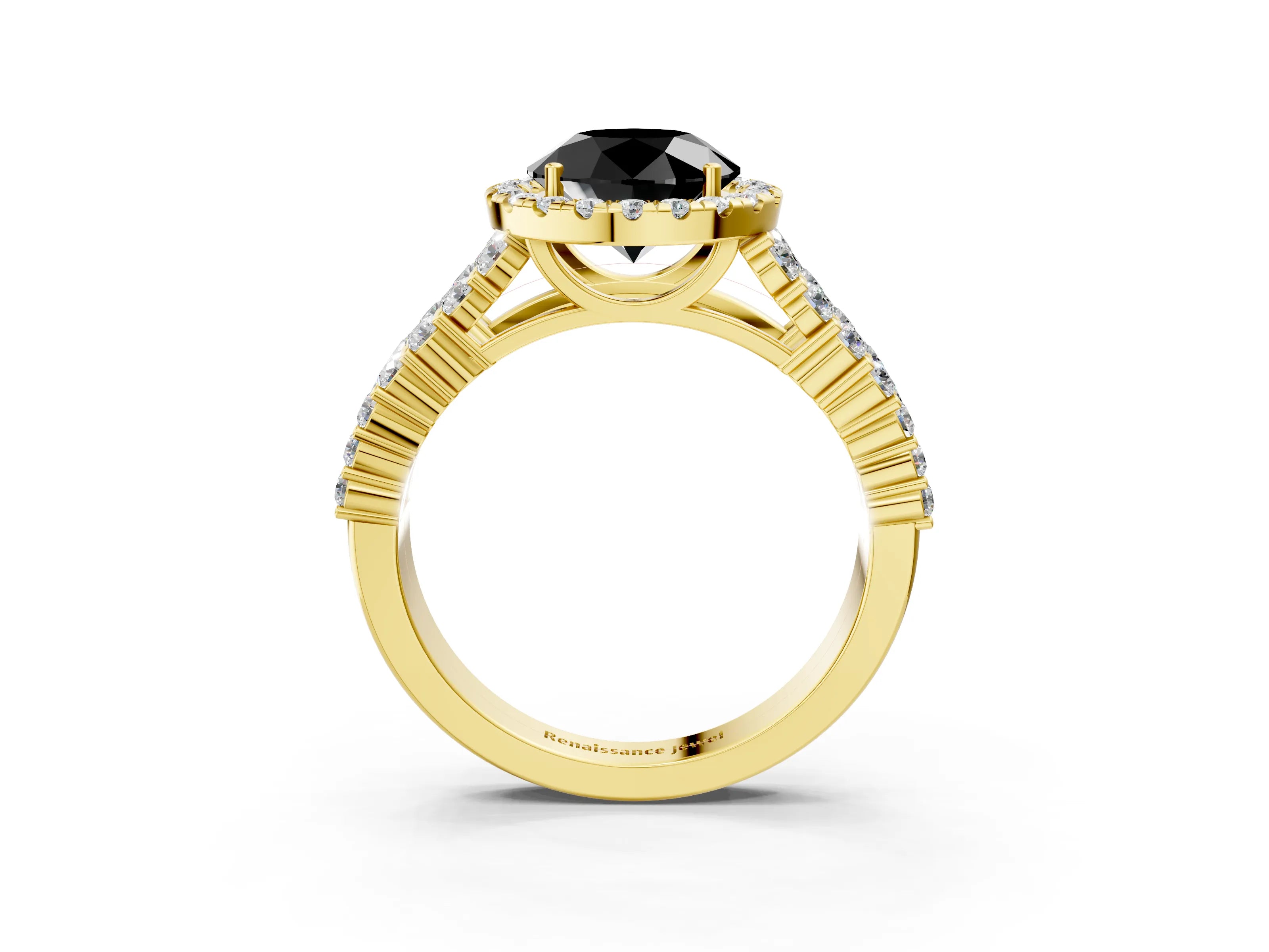 Yellow gold Fancy Black Round Cut Halo Pavé Diamond Engagement Ring with Split Shank and Four-Prong Setting_6