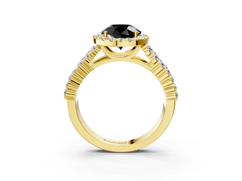 Yellow gold Fancy Black Round Cut Halo Pavé Diamond Engagement Ring with Split Shank and Four-Prong Setting_6