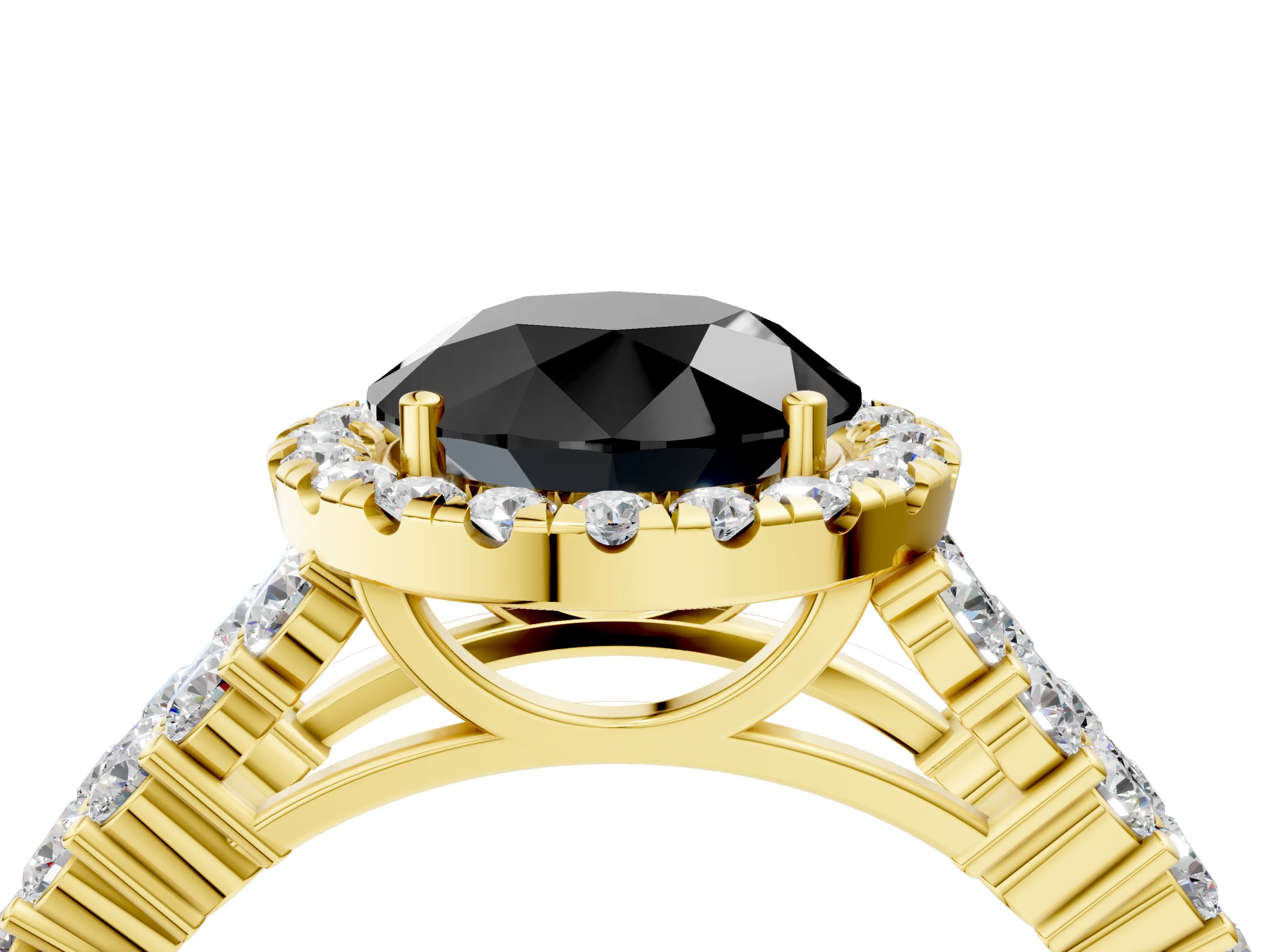 Yellow gold Fancy Black Round Cut Halo Pavé Diamond Engagement Ring with Split Shank and Four-Prong Setting_7