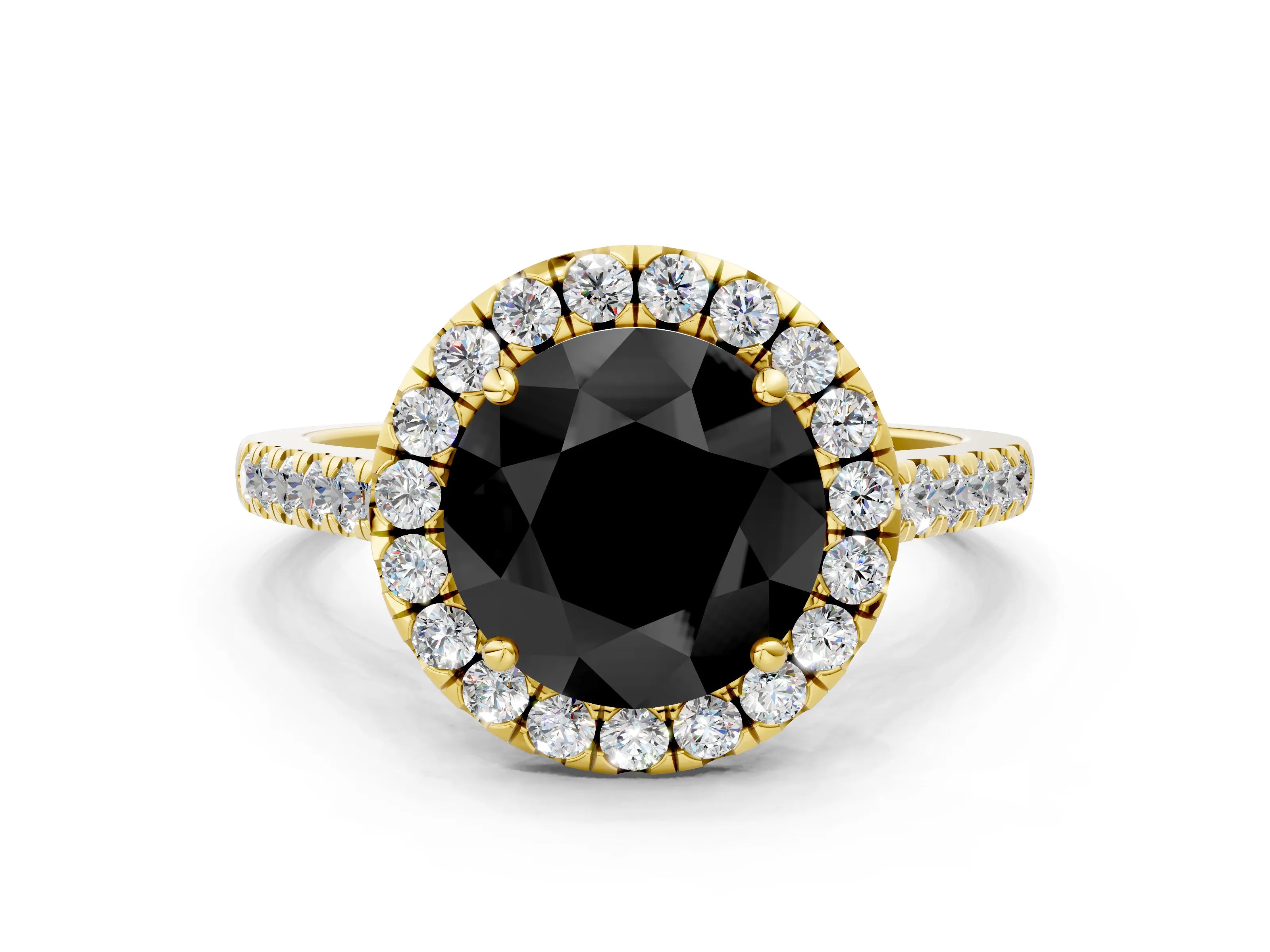 Yellow gold Fancy Black Round Cut Halo Pave Diamond Engagement Ring with Four-Prong Setting