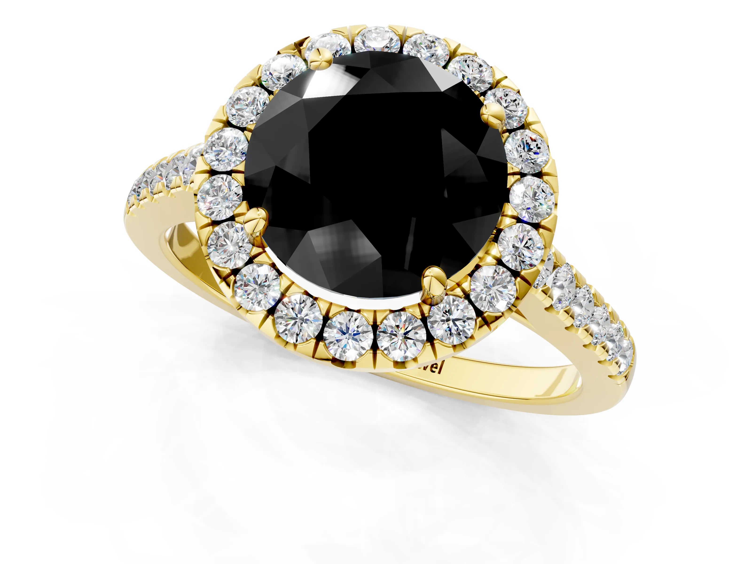 Yellow gold Fancy Black Round Cut Halo Pave Diamond Engagement Ring with Four-Prong Setting_1