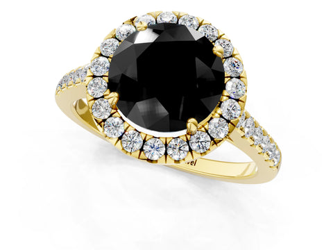 Yellow gold Fancy Black Round Cut Halo Pave Diamond Engagement Ring with Four-Prong Setting_1