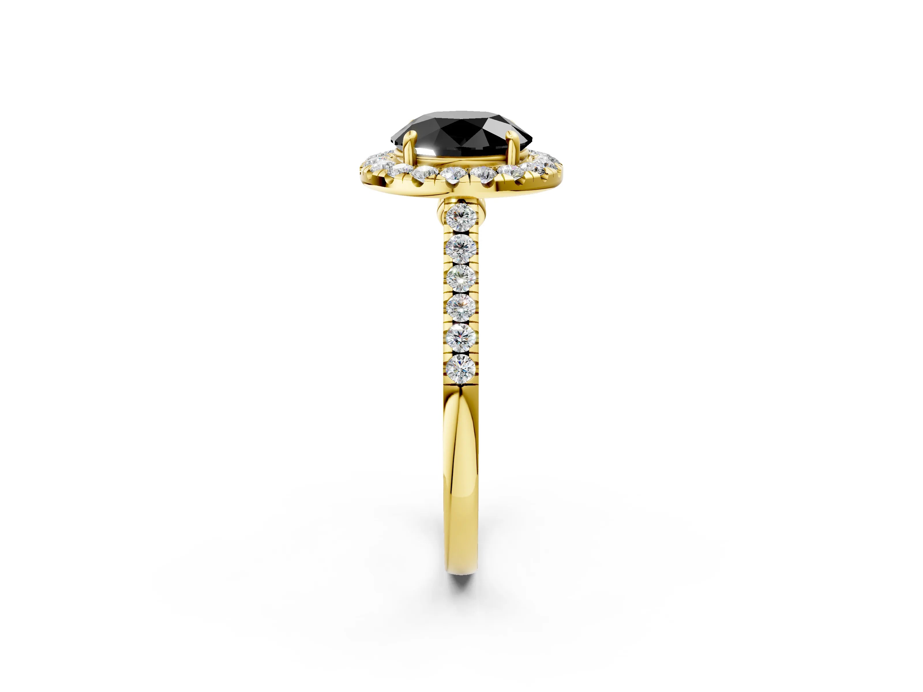 Yellow gold Fancy Black Round Cut Halo Pave Diamond Engagement Ring with Four-Prong Setting_2