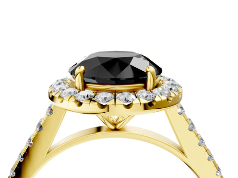 Yellow gold Fancy Black Round Cut Halo Pave Diamond Engagement Ring with Four-Prong Setting_4