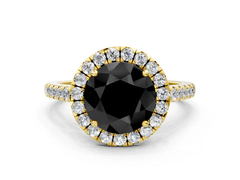 Yellow gold Fancy Black Round Cut Halo Pave Diamond Engagement Ring with Four-Prong Setting
