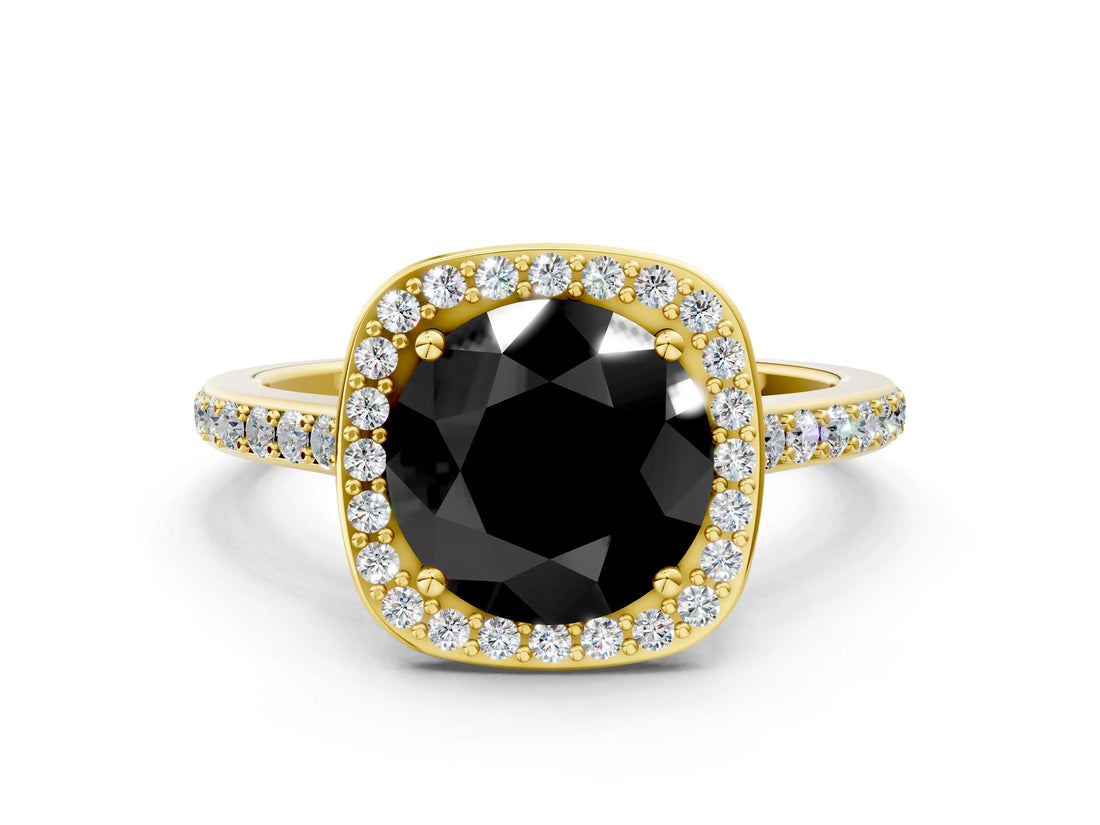 Yellow gold Fancy Black Round Cut Halo Round Diamond Pavé Band with Four-Prong Setting_3