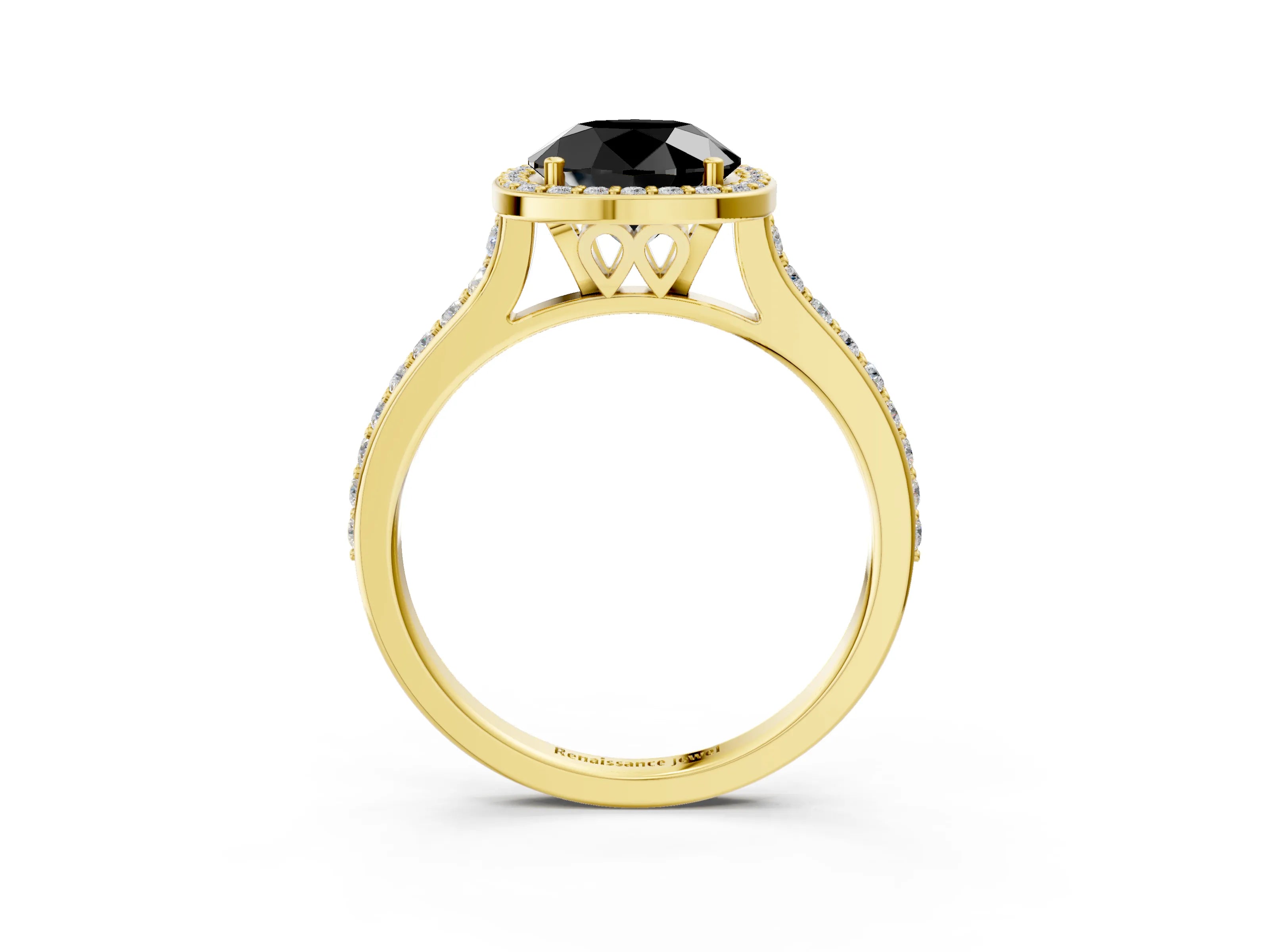 Yellow gold Fancy Black Round Cut Halo Round Diamond Pavé Band with Four-Prong Setting_6