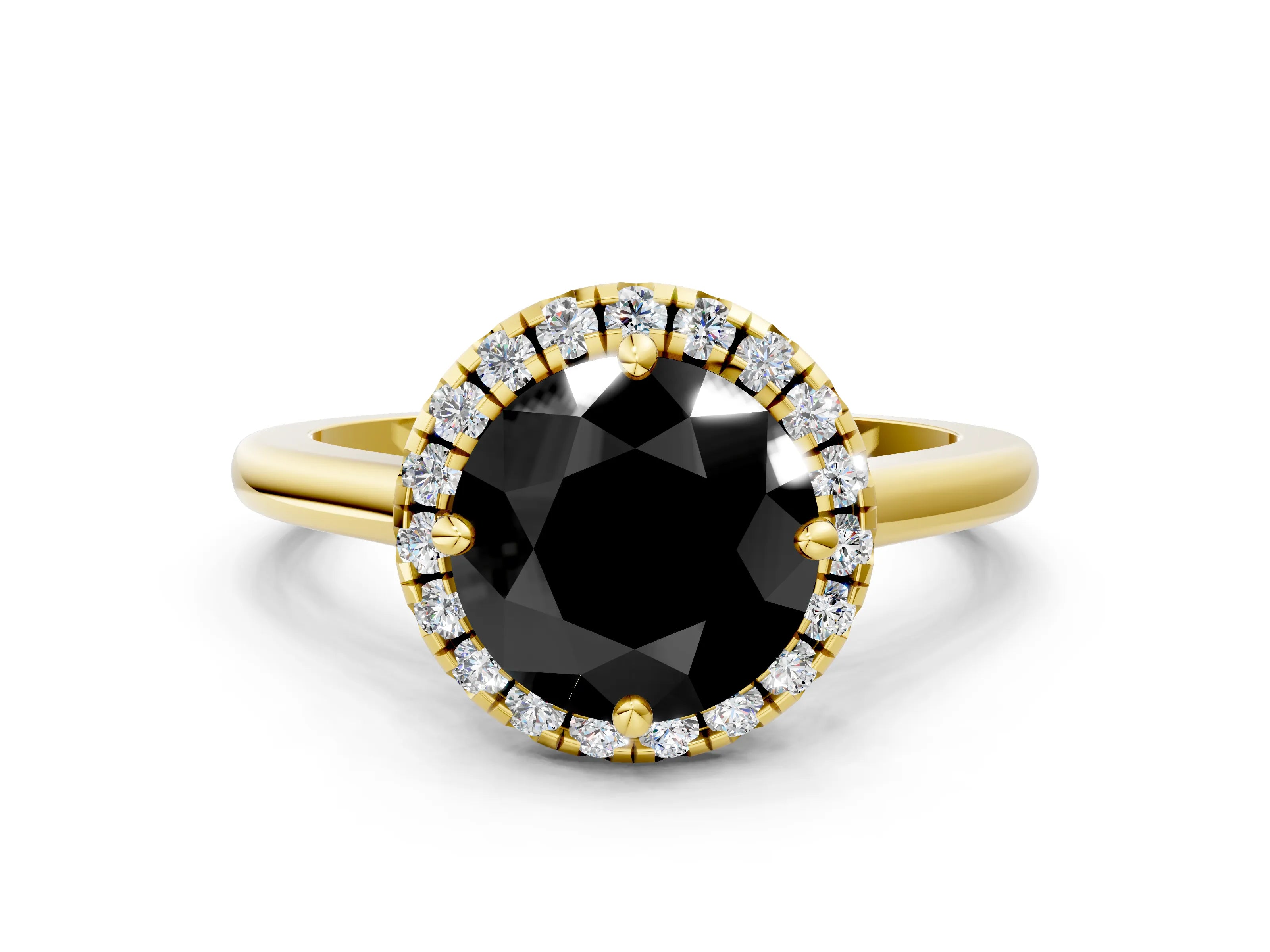Yellow gold Fancy Black Round Cut Halo Round Diamond Solitaire Engagement Ring with Pave Band and Four-Prong Setting_12