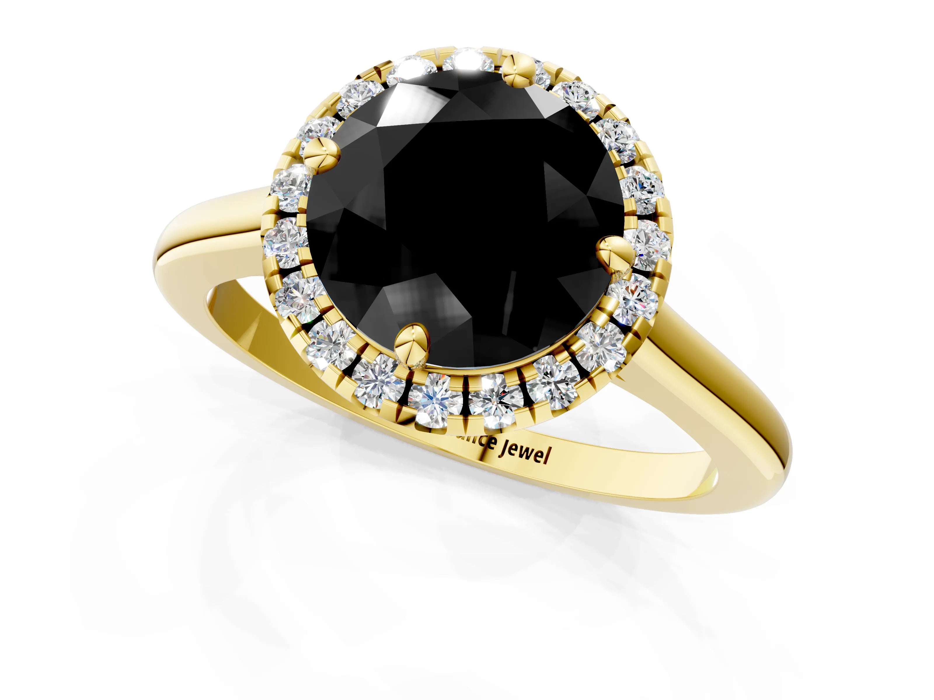 Yellow gold Fancy Black Round Cut Halo Round Diamond Solitaire Engagement Ring with Pave Band and Four-Prong Setting_13