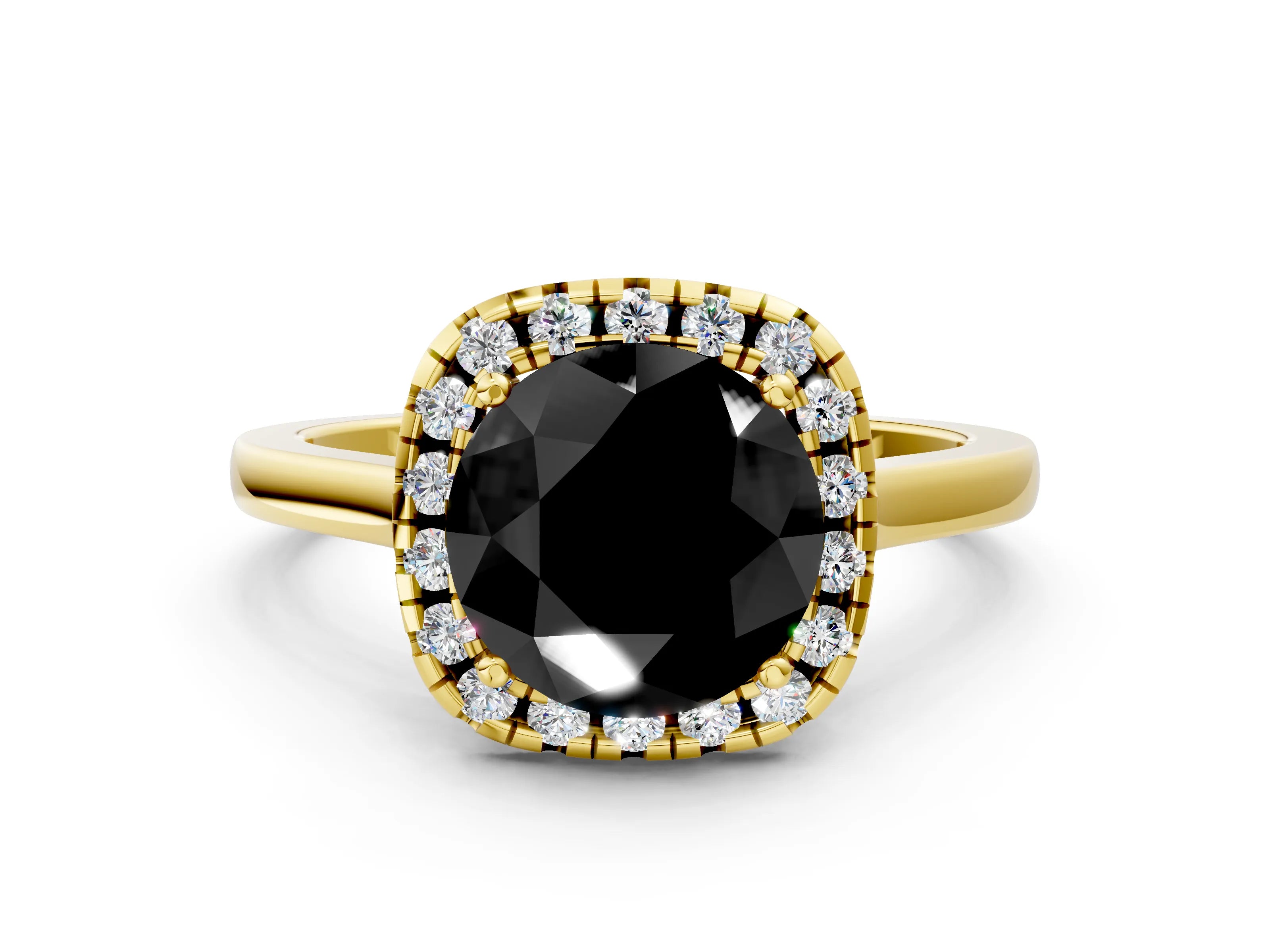 Yellow gold Fancy Black Round Cut Halo Round Diamond Solitaire Ring with Pavé Band and Four-Prong Setting