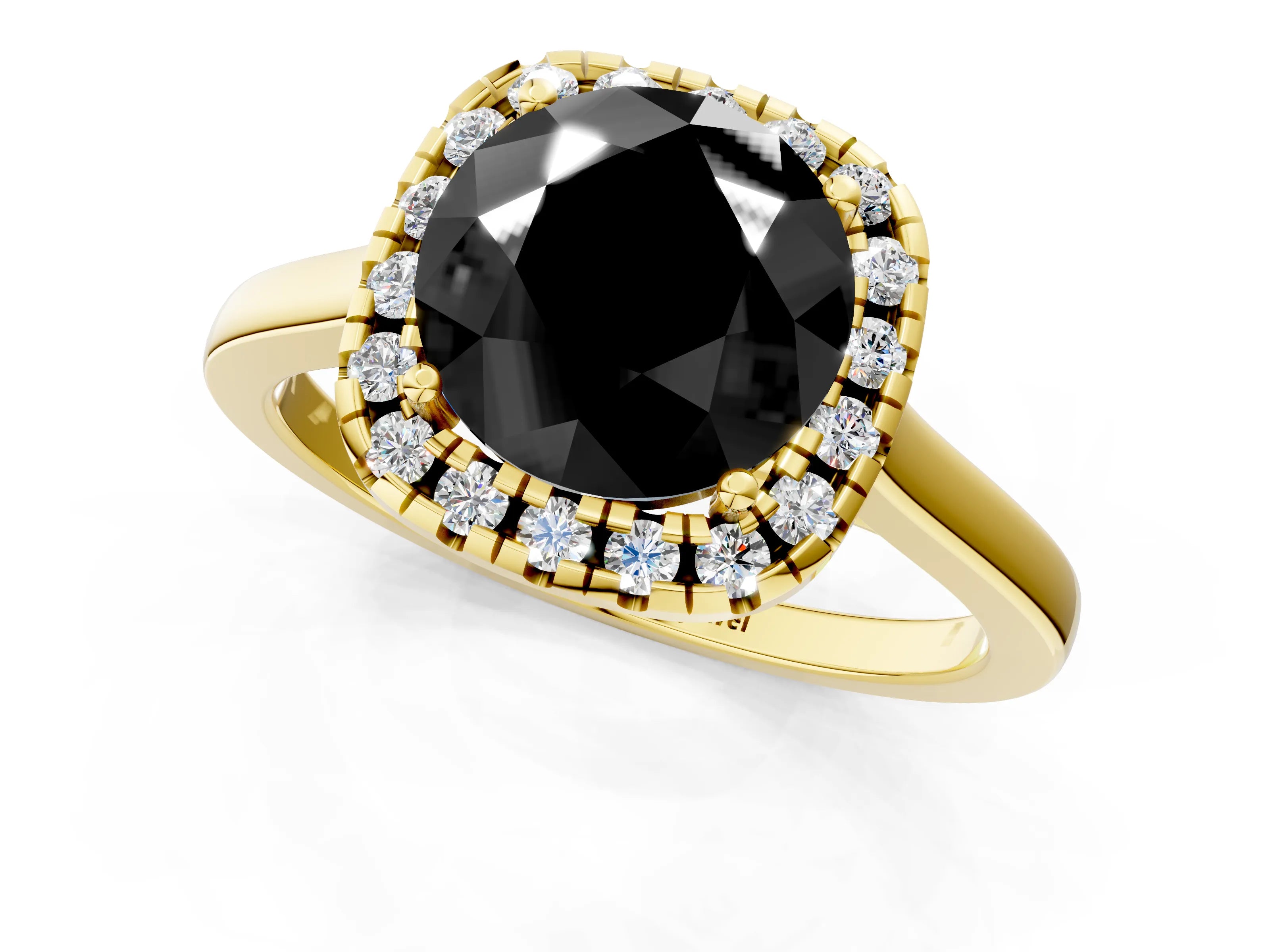 Yellow gold Fancy Black Round Cut Halo Round Diamond Solitaire Ring with Pavé Band and Four-Prong Setting_1
