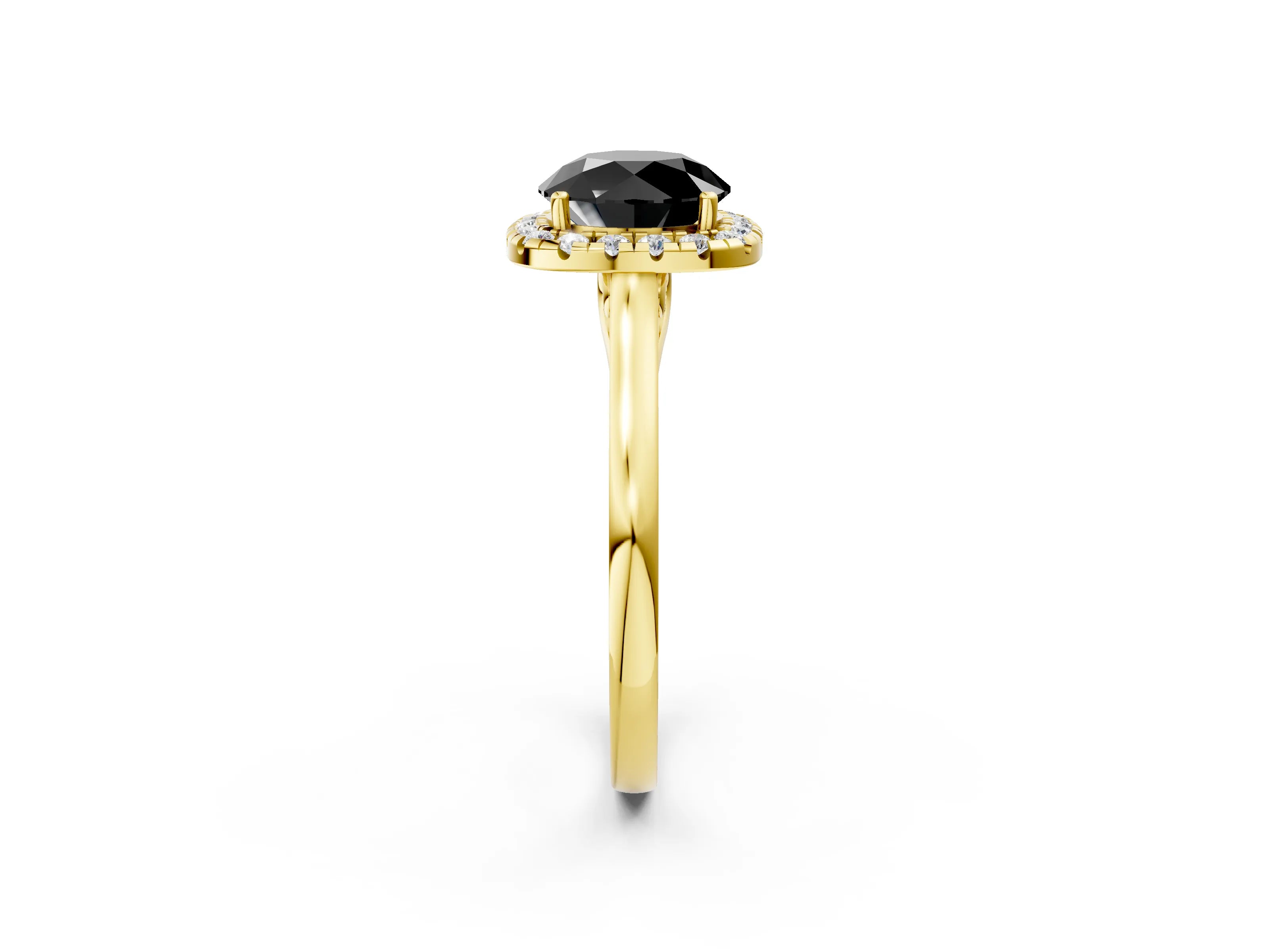 Yellow gold Fancy Black Round Cut Halo Round Diamond Solitaire Ring with Pavé Band and Four-Prong Setting_2