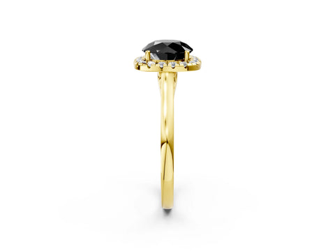 Yellow gold Fancy Black Round Cut Halo Round Diamond Solitaire Ring with Pavé Band and Four-Prong Setting_2