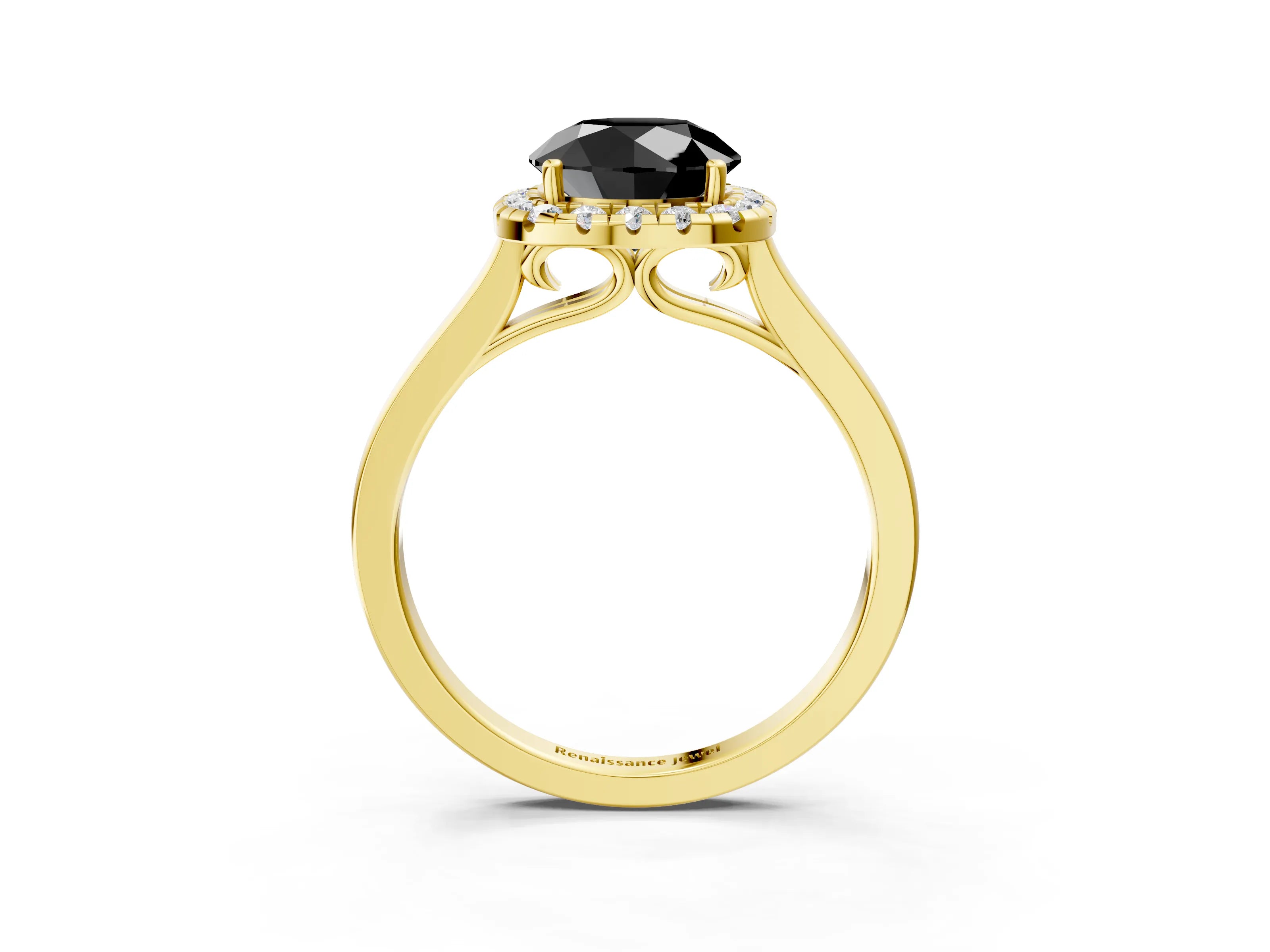 Yellow gold Fancy Black Round Cut Halo Round Diamond Solitaire Ring with Pavé Band and Four-Prong Setting_3