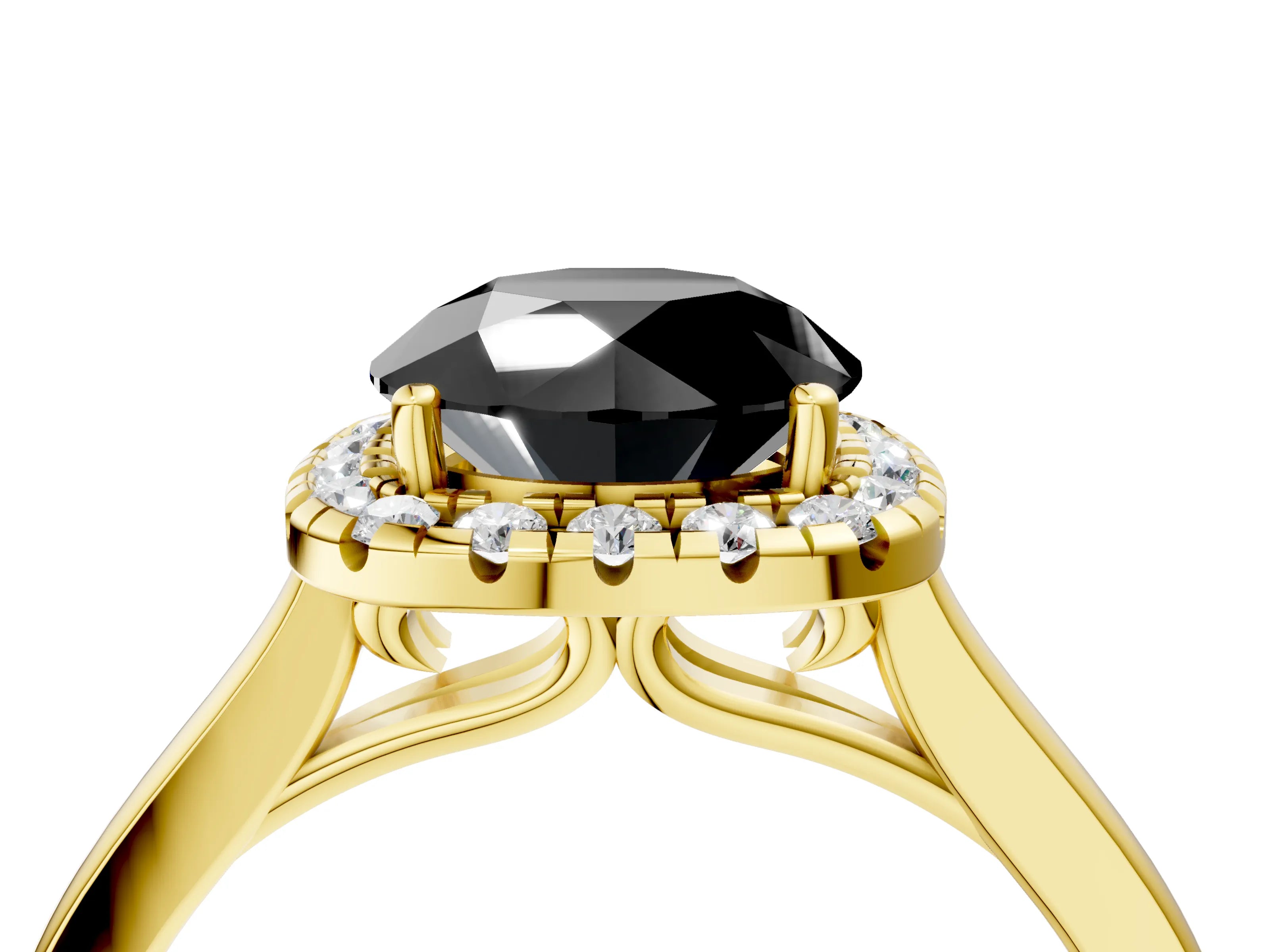 Yellow gold Fancy Black Round Cut Halo Round Diamond Solitaire Ring with Pavé Band and Four-Prong Setting_4