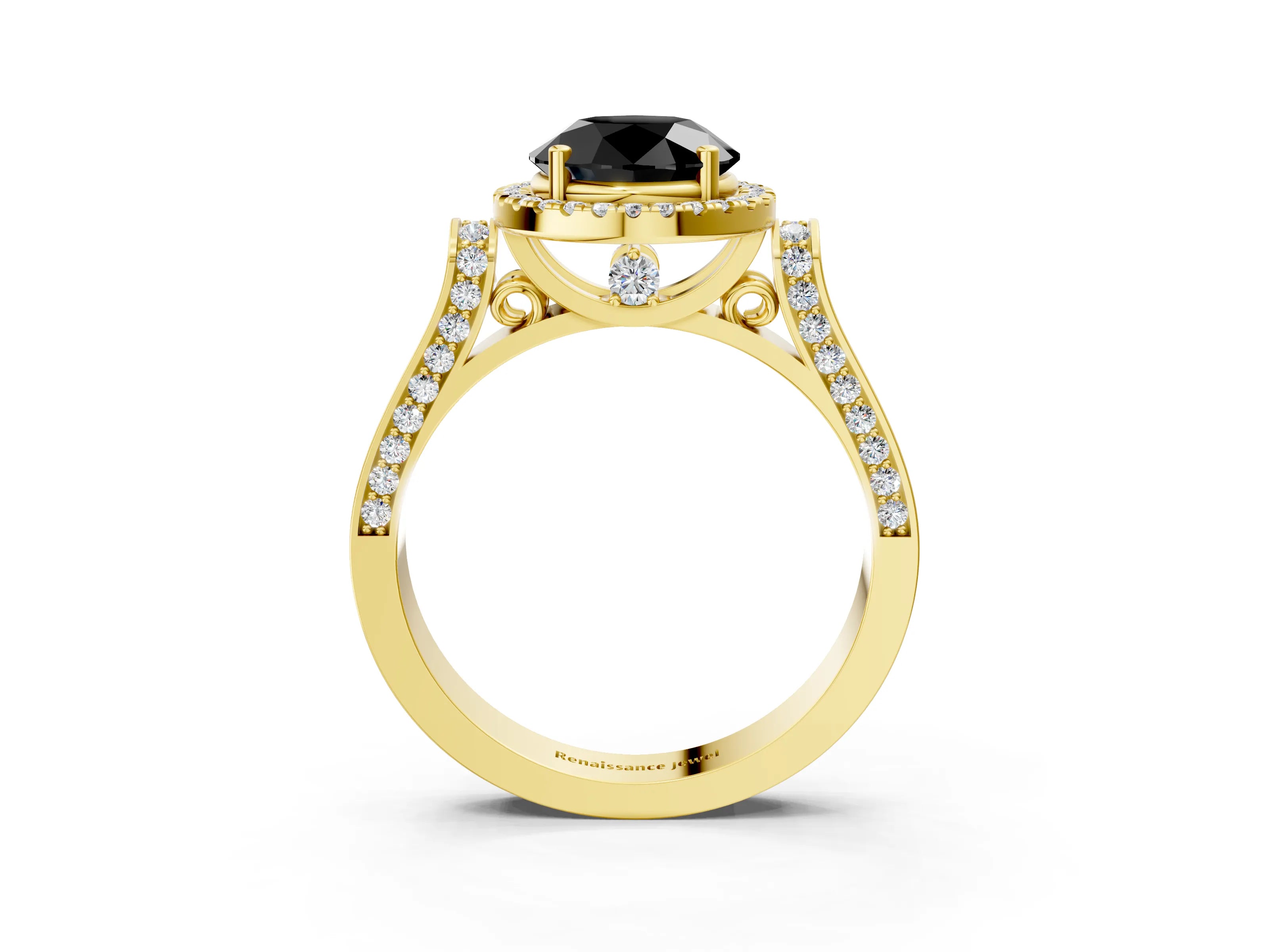 Yellow gold Fancy Black Round Cut Halo Round Diamond Twist Band with Four-Prong Setting_3