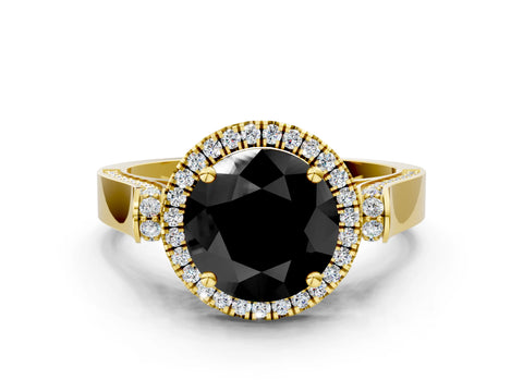Yellow gold Fancy Black Round Cut Halo Round Diamond Twist Band with Four-Prong Setting