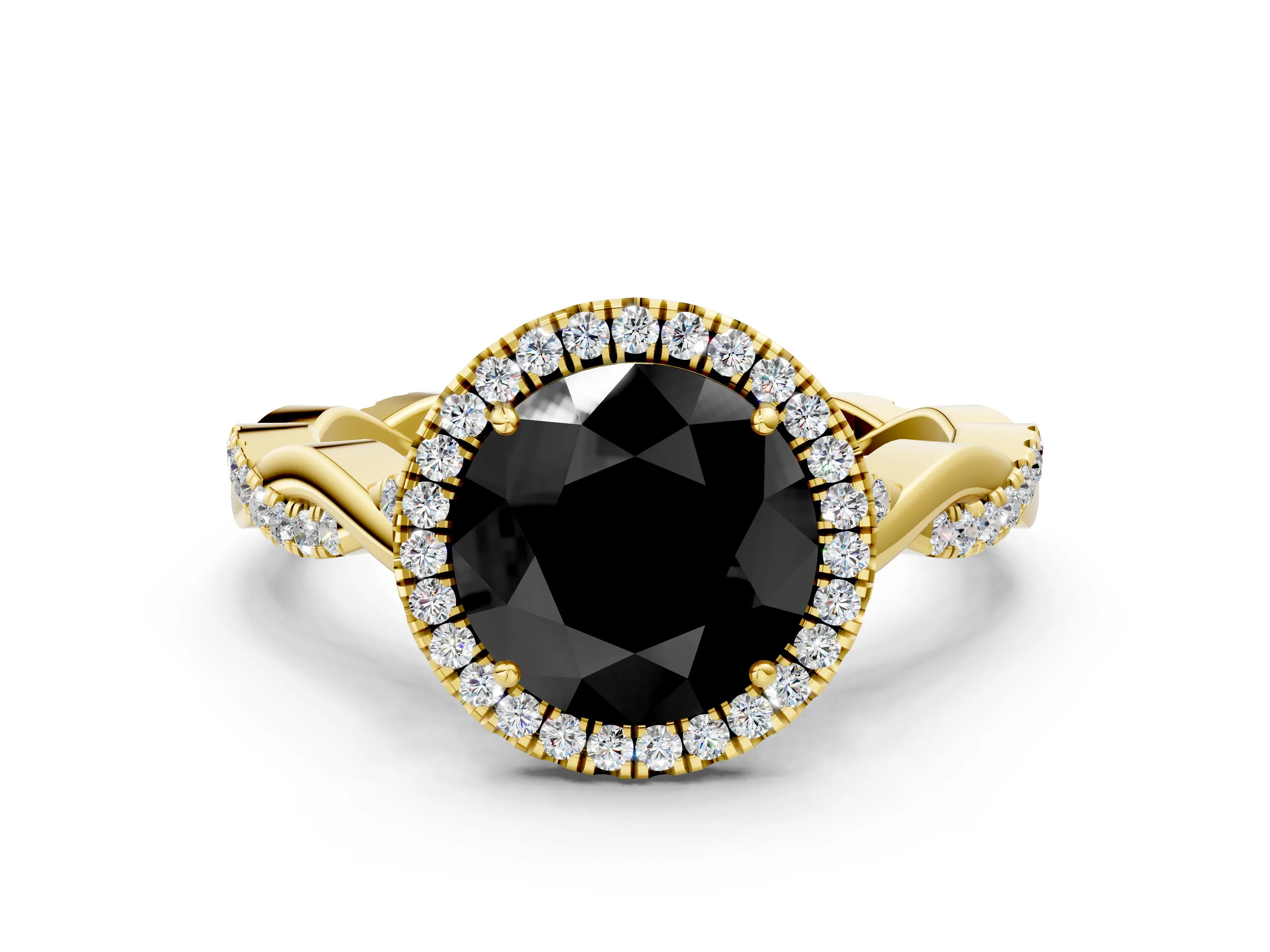 Yellow gold Fancy Black Round Cut Halo Twist Band with Four-Prong Setting