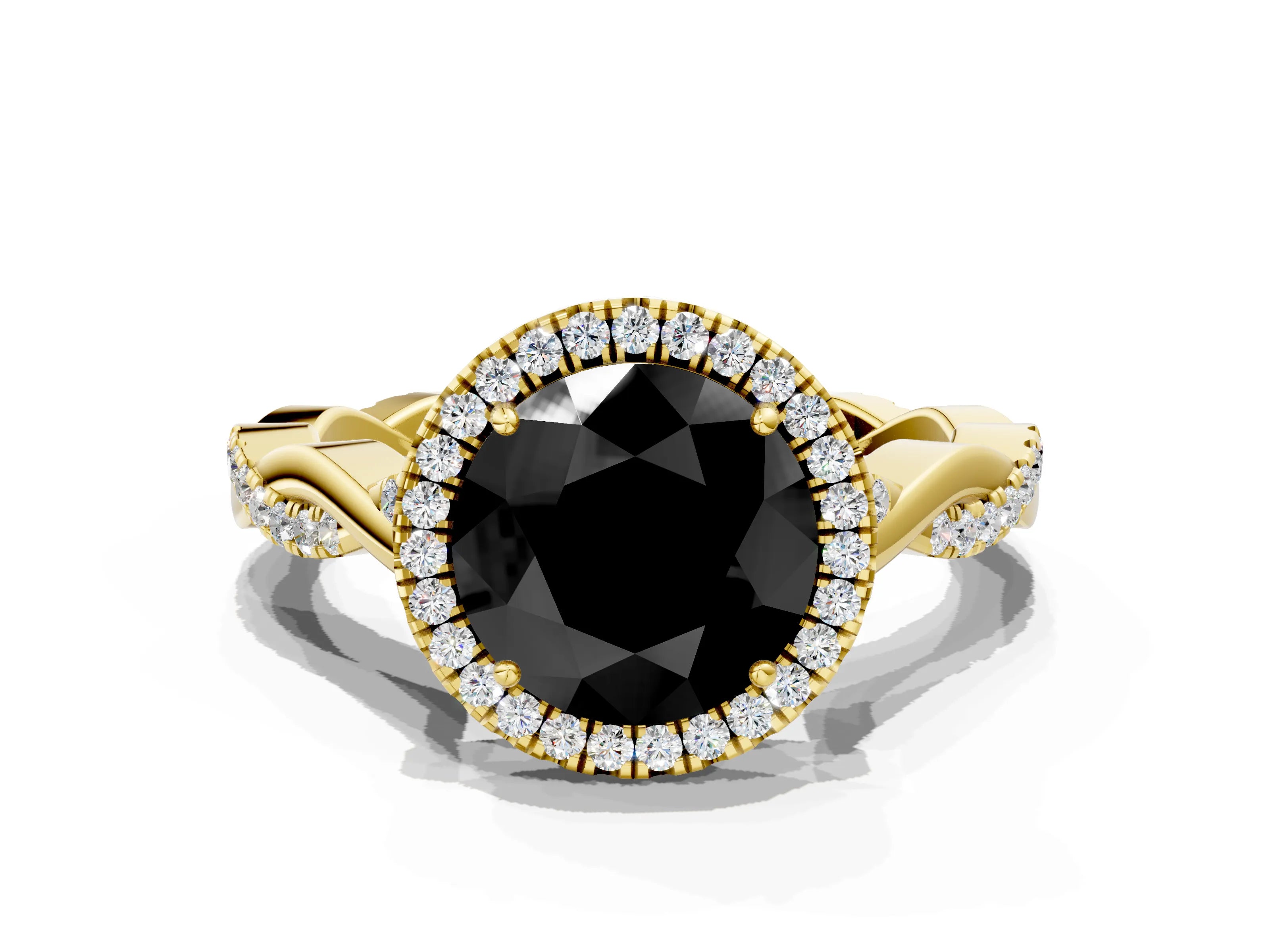 Yellow gold Fancy Black Round Cut Halo Twist Band with Four-Prong Setting_12