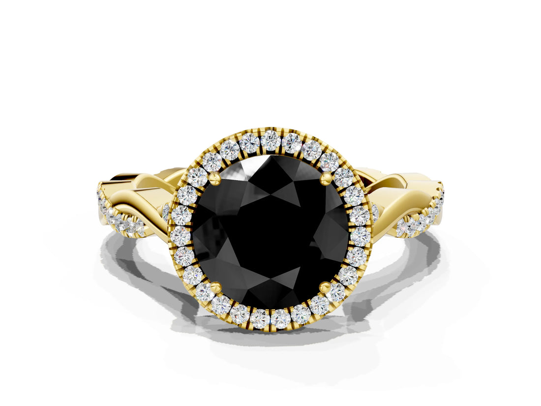 Yellow gold Fancy Black Round Cut Halo Twist Band with Four-Prong Setting_12