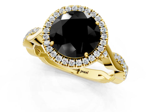 Yellow gold Fancy Black Round Cut Halo Twist Band with Four-Prong Setting_1