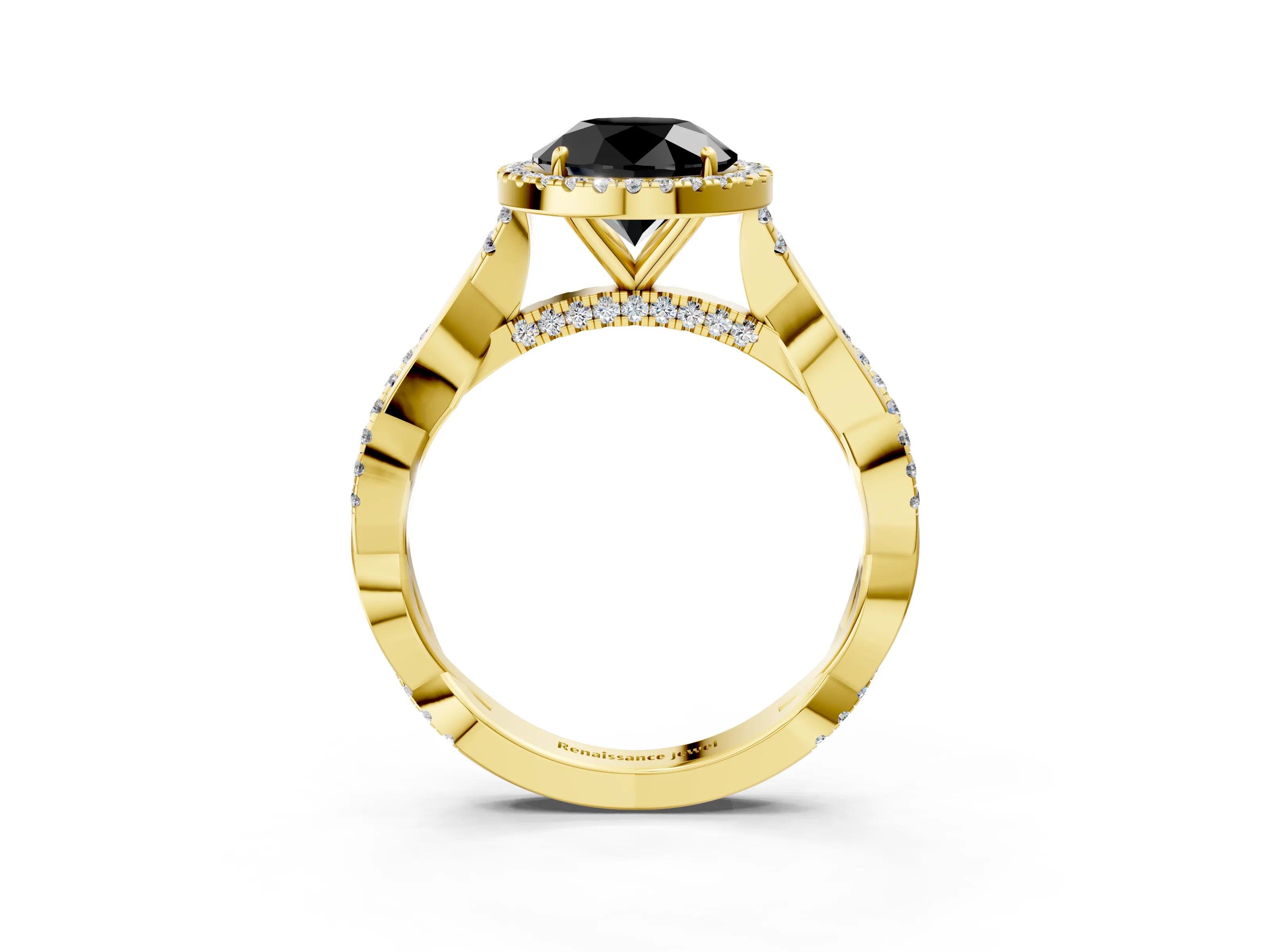 Yellow gold Fancy Black Round Cut Halo Twist Band with Four-Prong Setting_3