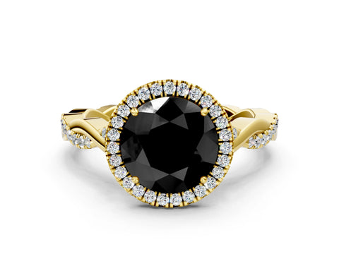 Yellow gold Fancy Black Round Cut Halo Twist Band with Four-Prong Setting