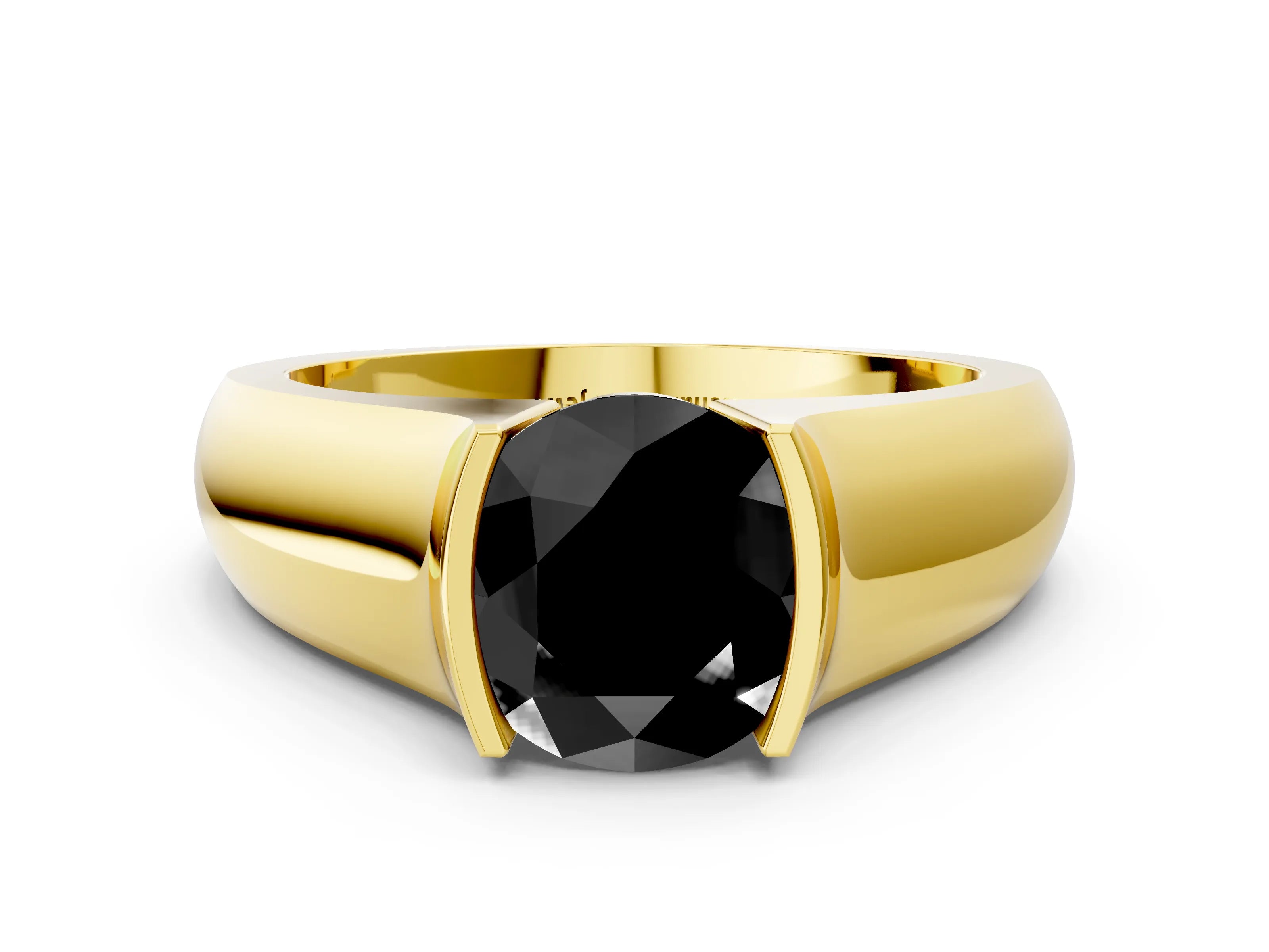Yellow gold Fancy Black Round Cut Solitaire Bezel Set Diamond Ring with Wide Band