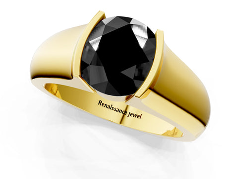 Yellow gold Fancy Black Round Cut Solitaire Bezel Set Diamond Ring with Wide Band_1