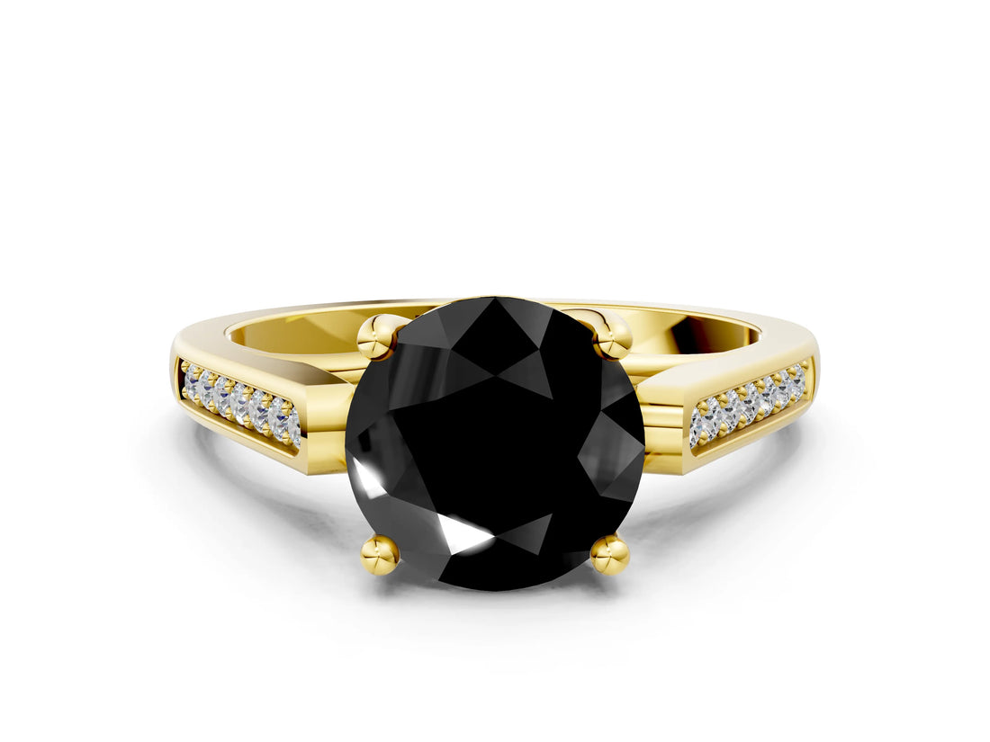 Yellow gold Fancy Black Round Cut Solitaire Cathedral Diamond Engagement Ring with Channel-Set Band and Four-Prong Setting_3