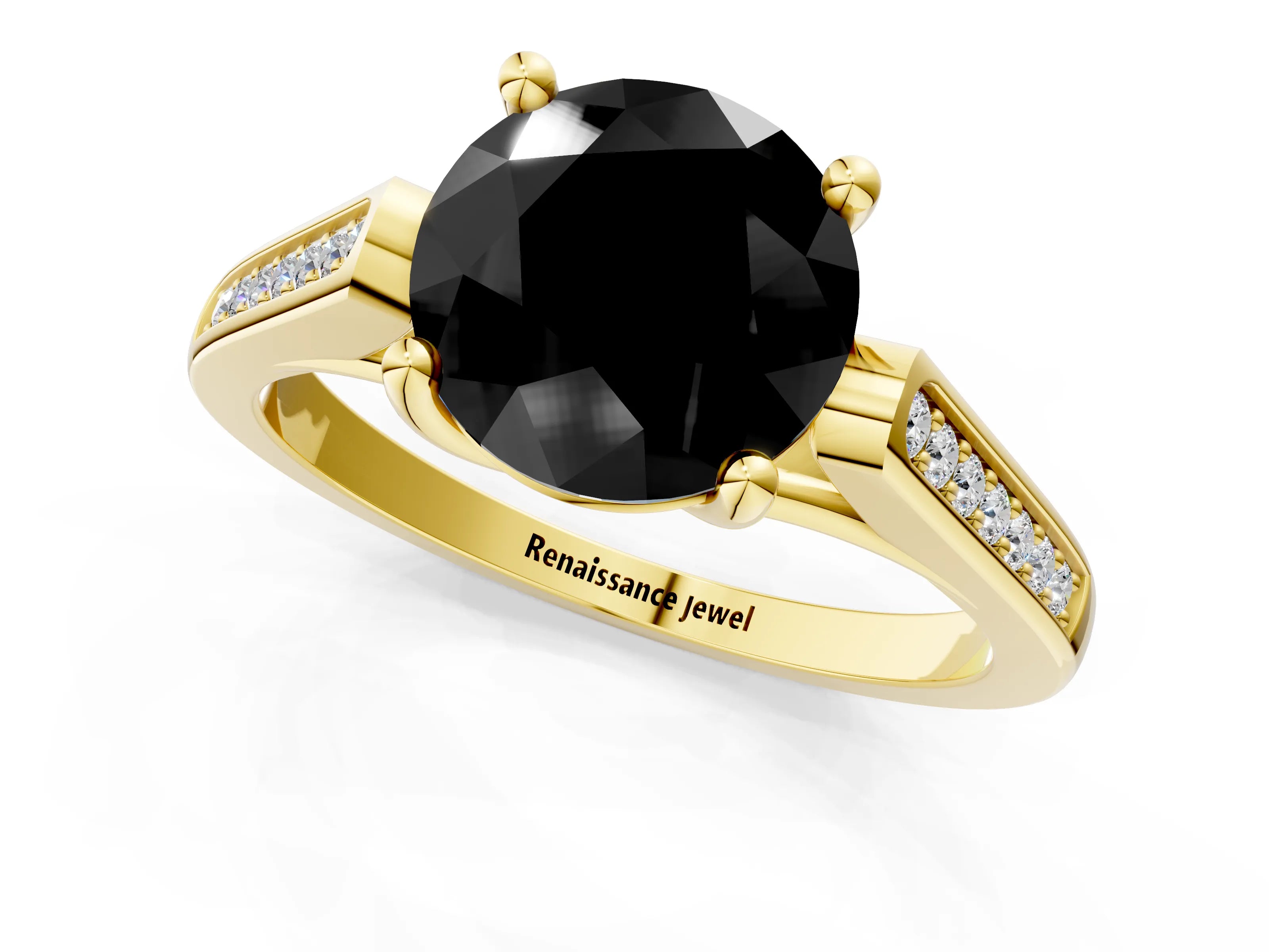 Yellow gold Fancy Black Round Cut Solitaire Cathedral Diamond Engagement Ring with Channel-Set Band and Four-Prong Setting_4