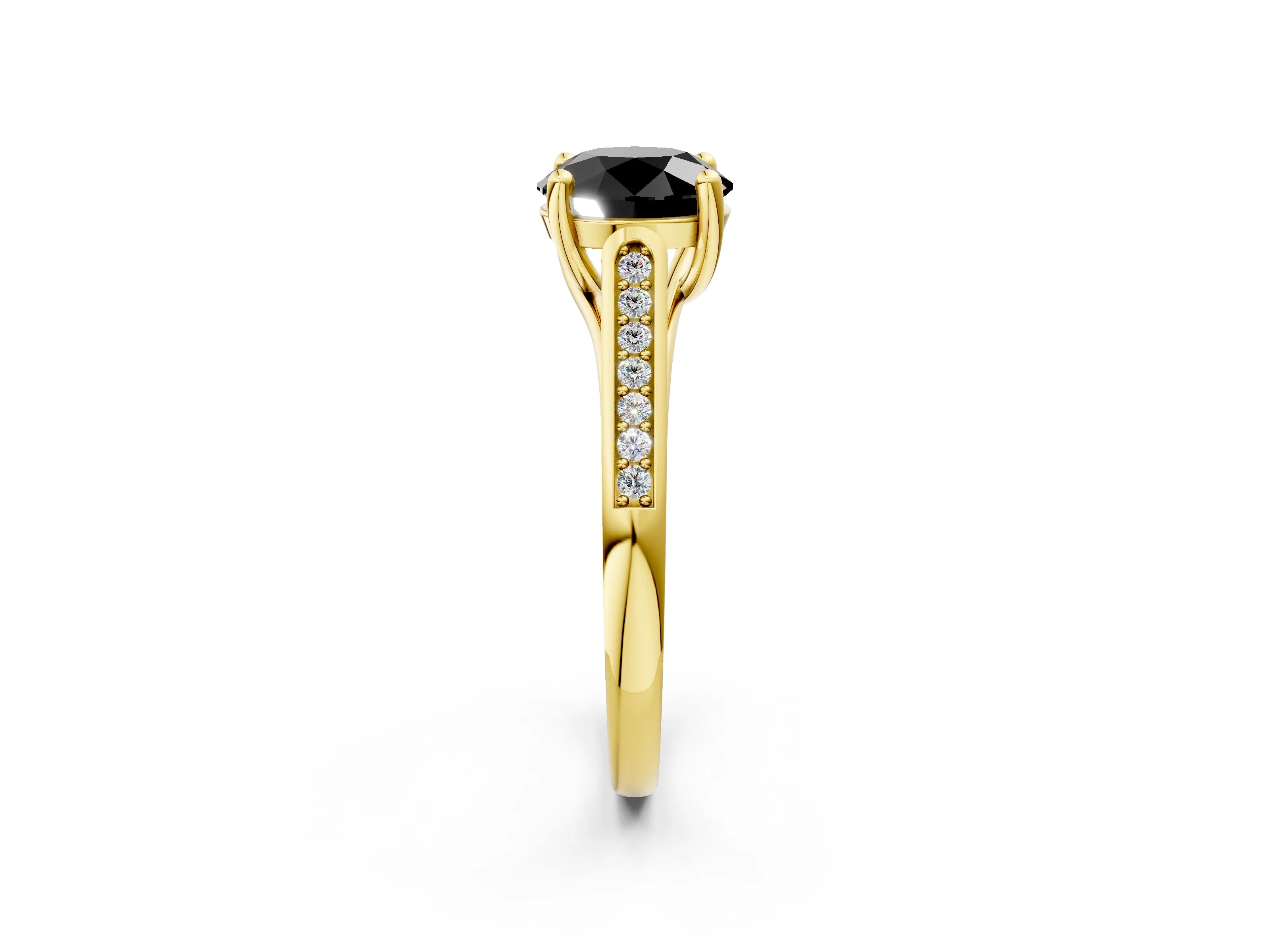 Yellow gold Fancy Black Round Cut Solitaire Cathedral Diamond Engagement Ring with Channel-Set Band and Four-Prong Setting_5