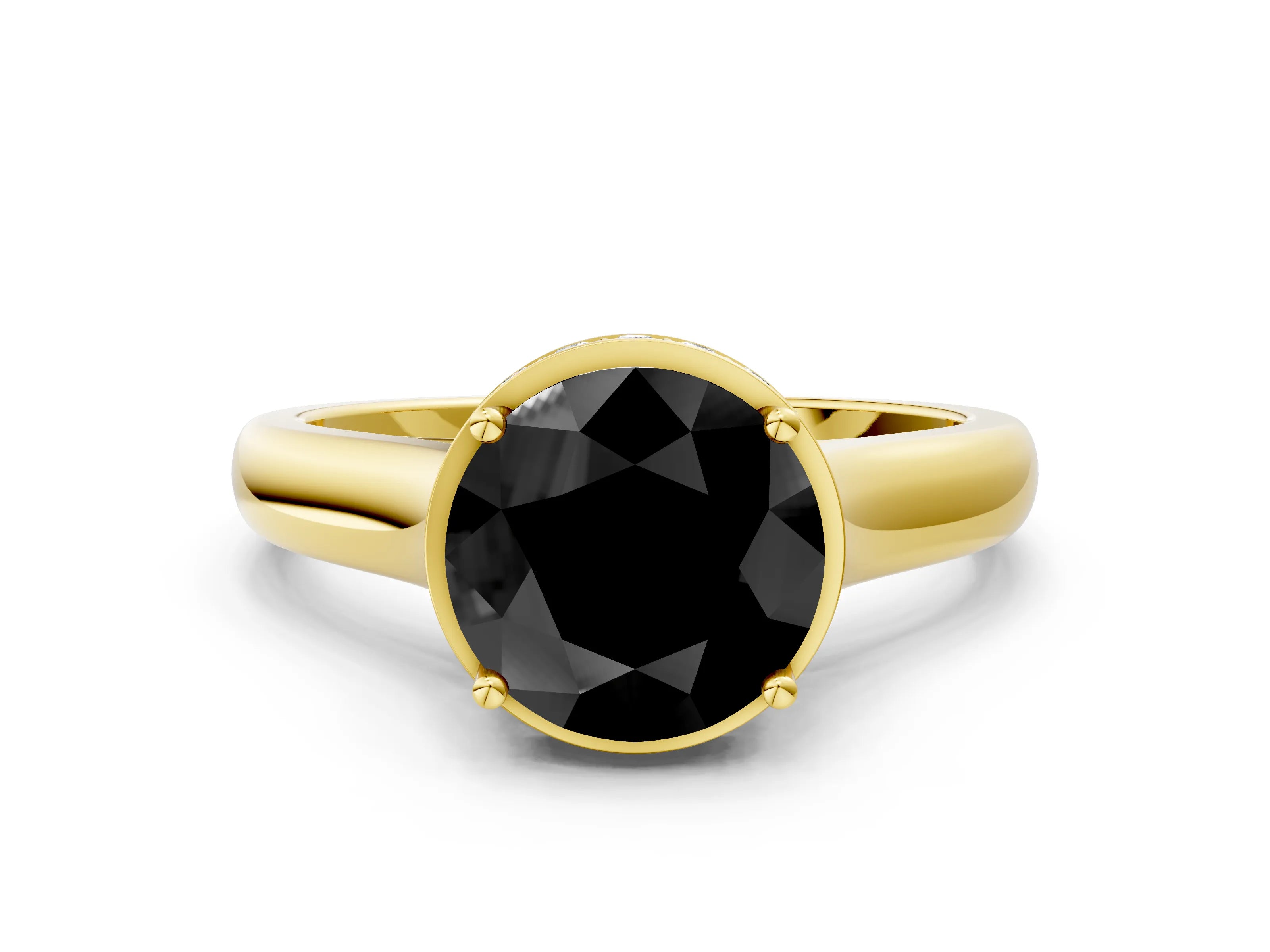 Yellow gold Fancy Black Round Cut Solitaire Diamond Engagement Ring with Four-Prong Setting and Tapered Band