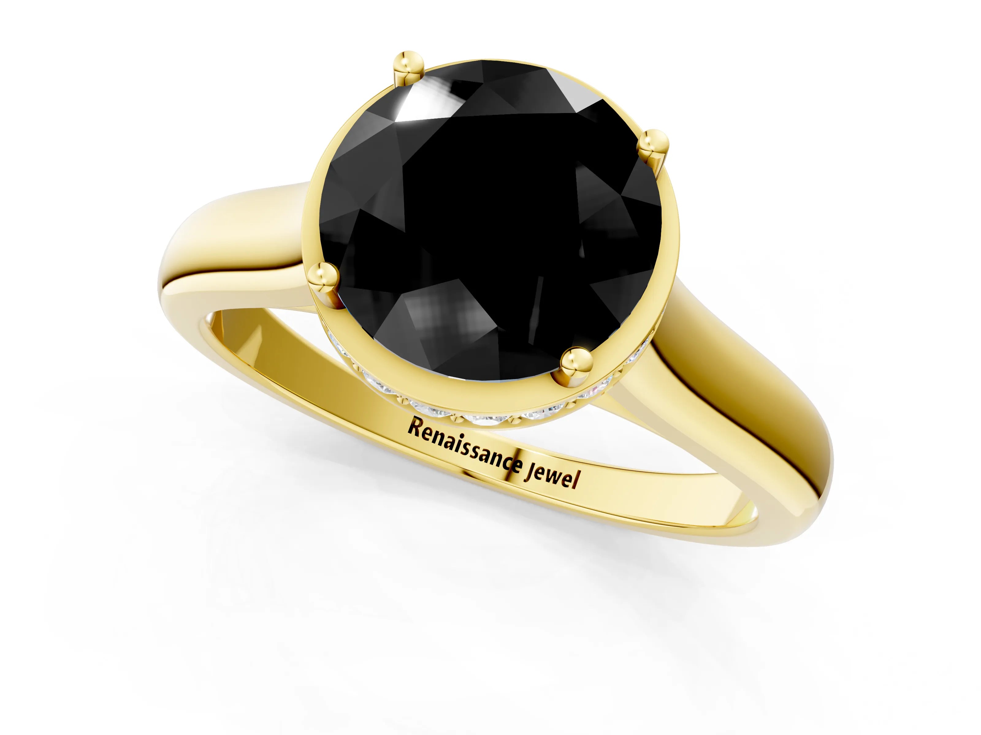 Yellow gold Fancy Black Round Cut Solitaire Diamond Engagement Ring with Four-Prong Setting and Tapered Band_1