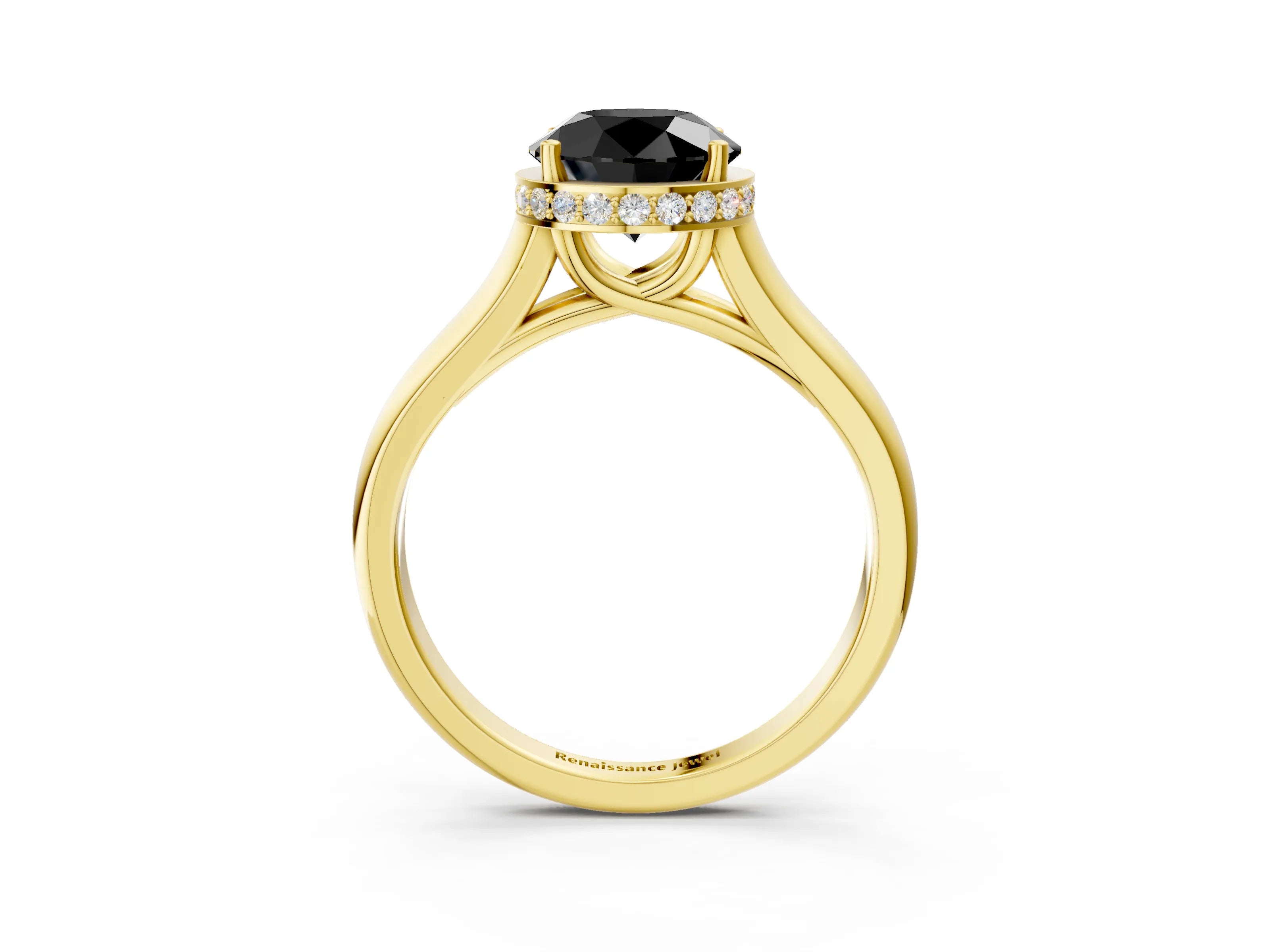 Yellow gold Fancy Black Round Cut Solitaire Diamond Engagement Ring with Four-Prong Setting and Tapered Band_3