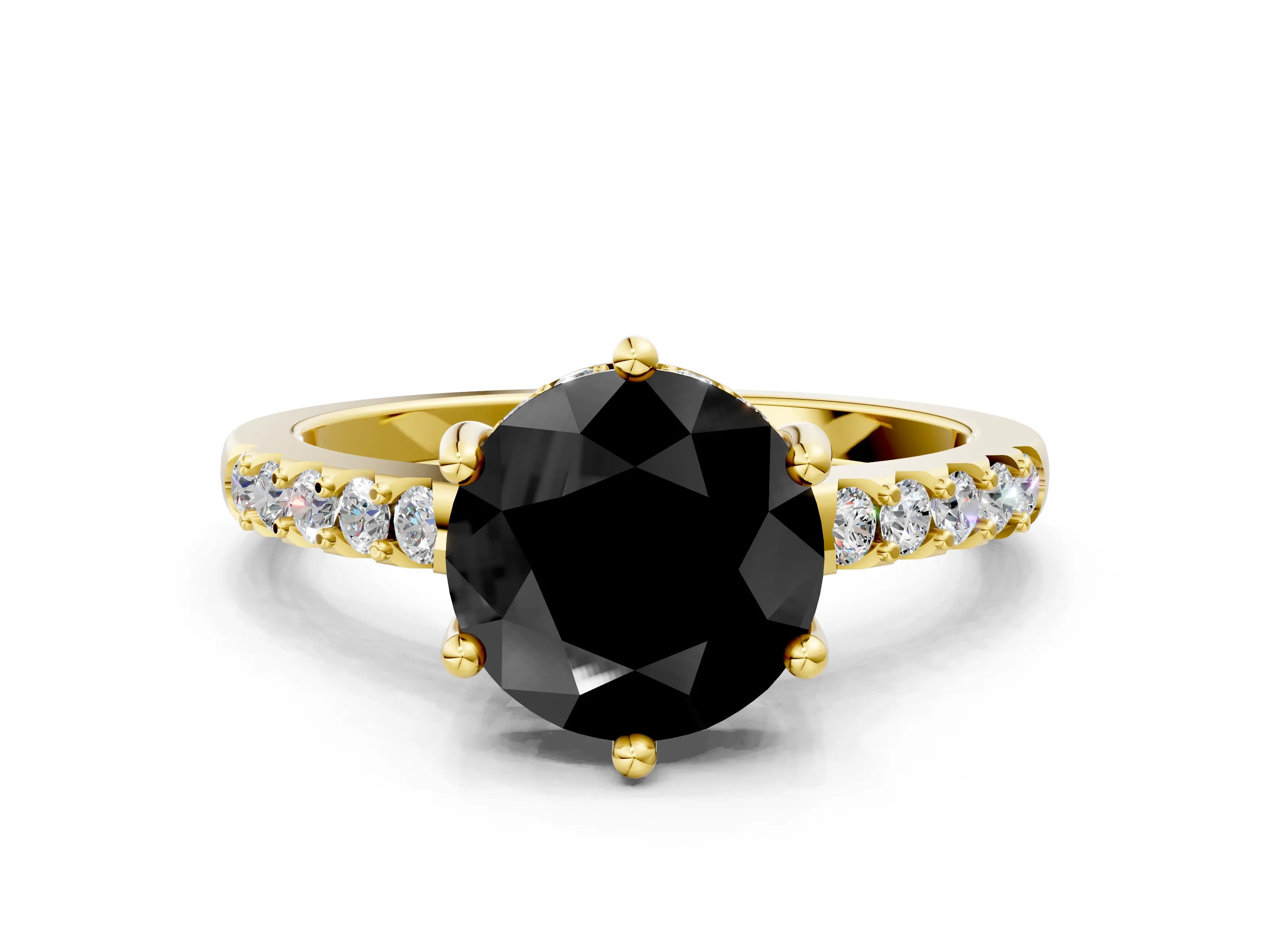 Yellow gold Fancy Black Round Cut Solitaire Diamond Engagement Ring with Pavé Band and Six-Prong Setting