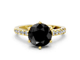 Yellow gold Fancy Black Round Cut Solitaire Diamond Engagement Ring with Pavé Band and Six-Prong Setting