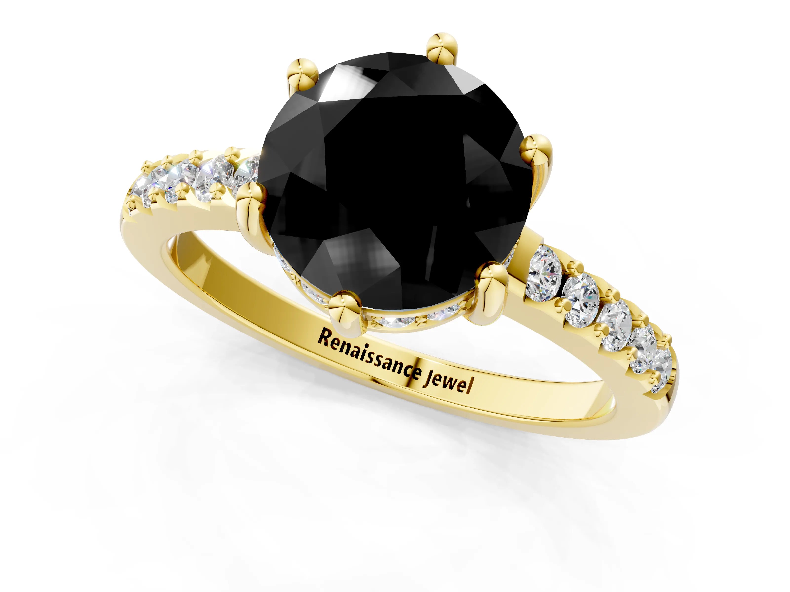 Yellow gold Fancy Black Round Cut Solitaire Diamond Engagement Ring with Pavé Band and Six-Prong Setting_1