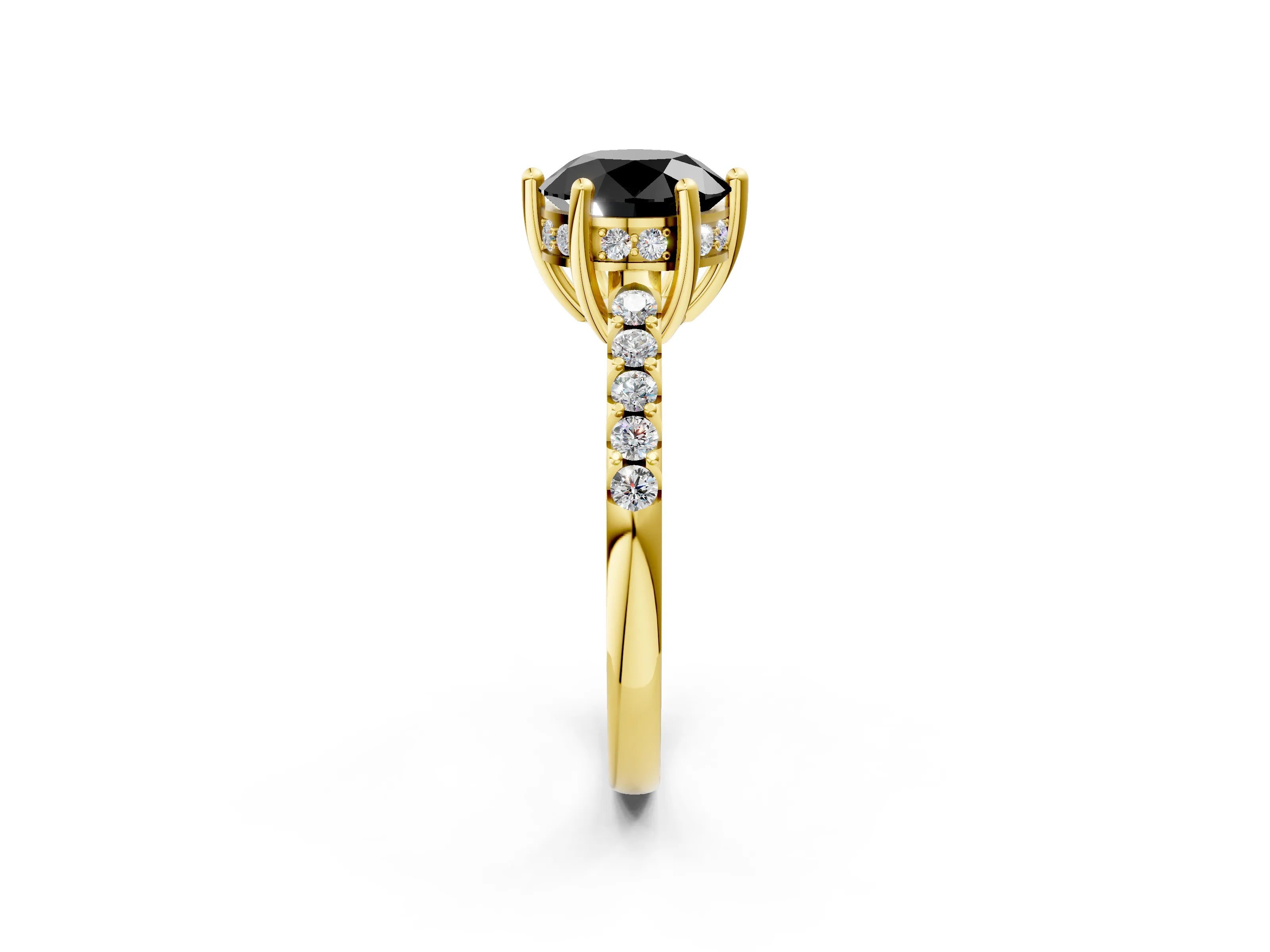 Yellow gold Fancy Black Round Cut Solitaire Diamond Engagement Ring with Pavé Band and Six-Prong Setting_2