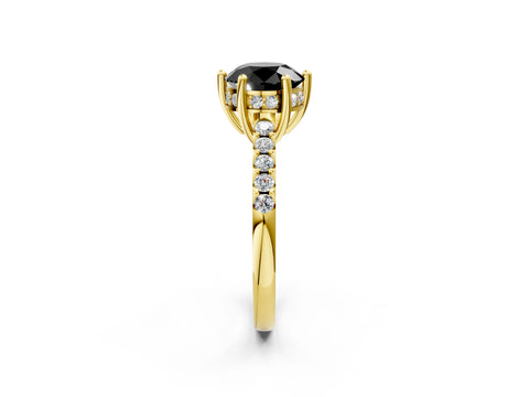 Yellow gold Fancy Black Round Cut Solitaire Diamond Engagement Ring with Pavé Band and Six-Prong Setting_2