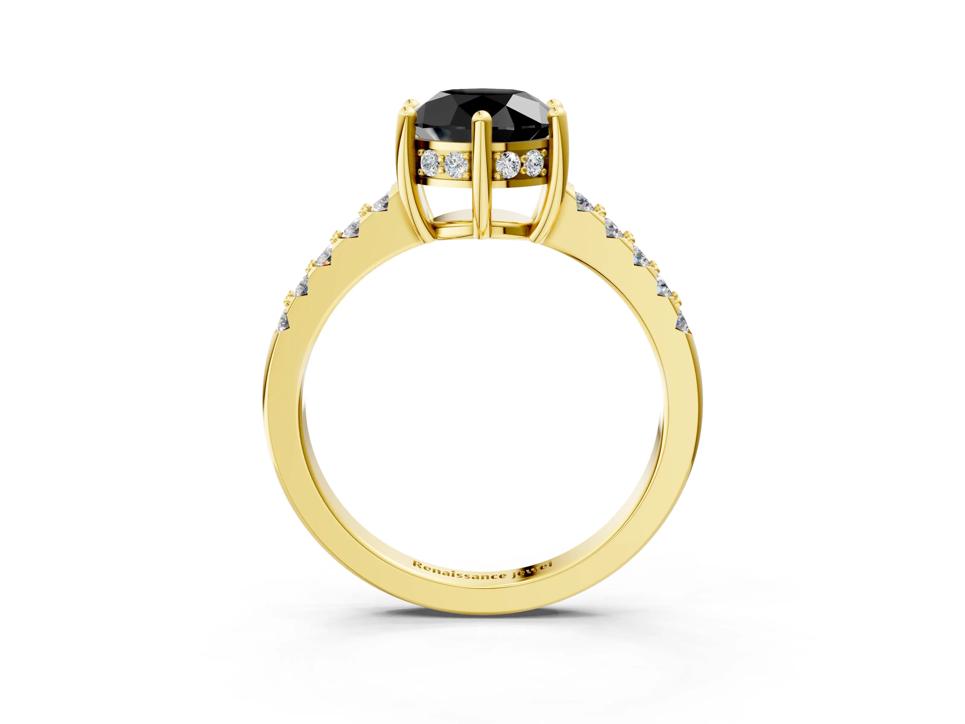 Yellow gold Fancy Black Round Cut Solitaire Diamond Engagement Ring with Pavé Band and Six-Prong Setting_3