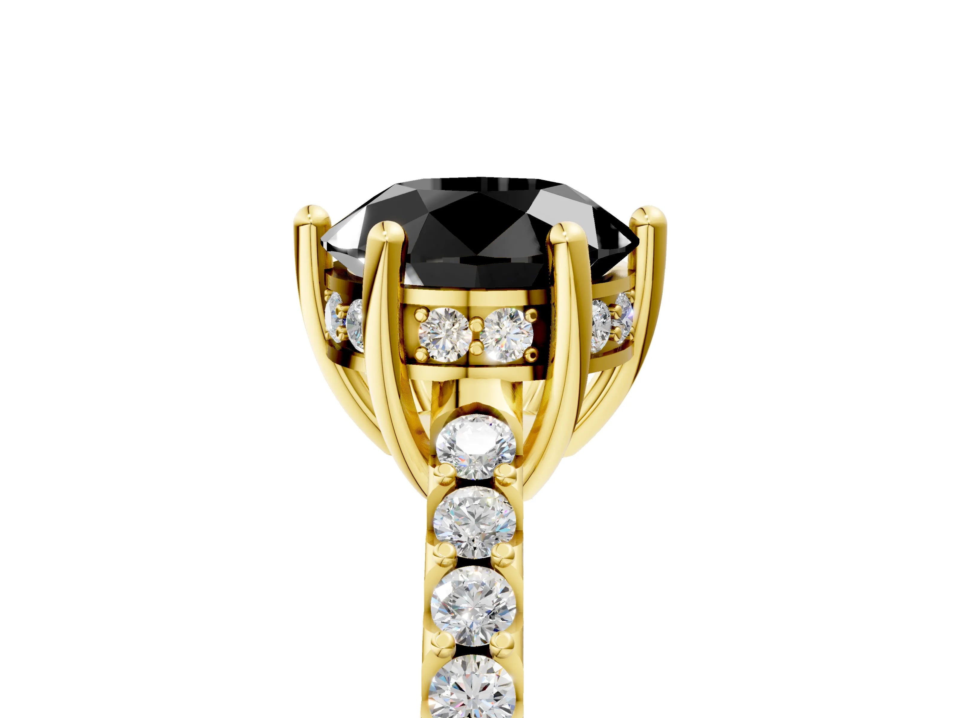 Yellow gold Fancy Black Round Cut Solitaire Diamond Engagement Ring with Pavé Band and Six-Prong Setting_5