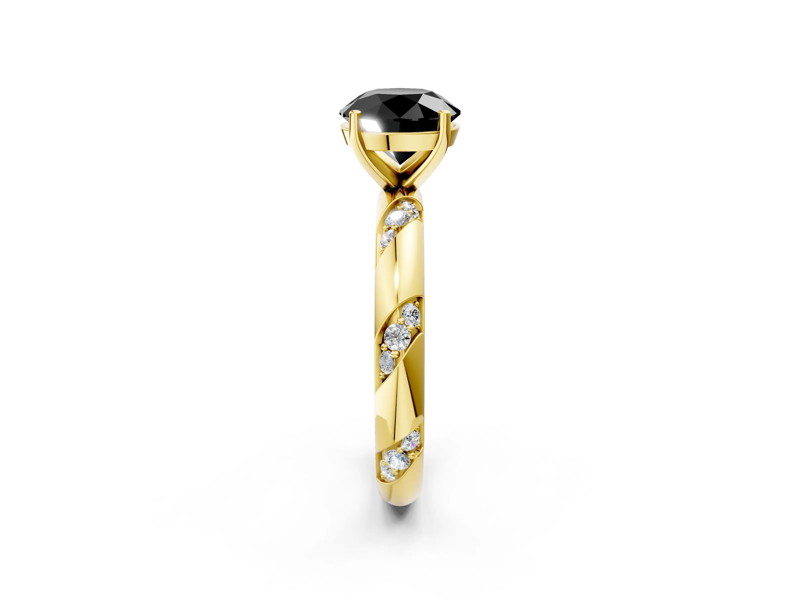 Yellow gold Fancy Black Round Cut Solitaire Diamond Engagement Ring with Twisted Pave Band and Four-Prong Setting_5
