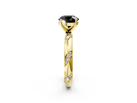 Yellow gold Fancy Black Round Cut Solitaire Diamond Engagement Ring with Twisted Pave Band and Four-Prong Setting_5
