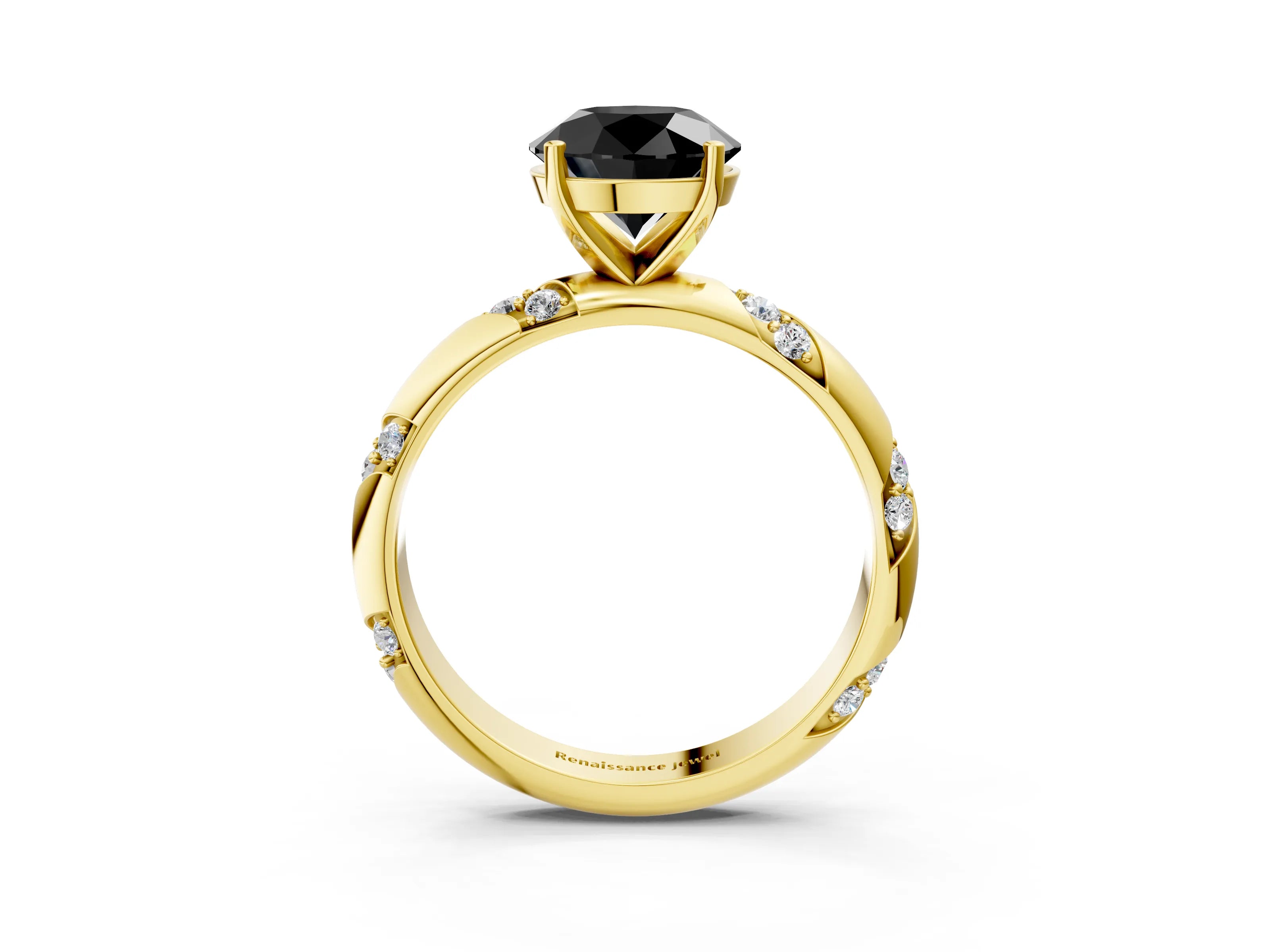 Yellow gold Fancy Black Round Cut Solitaire Diamond Engagement Ring with Twisted Pave Band and Four-Prong Setting_6