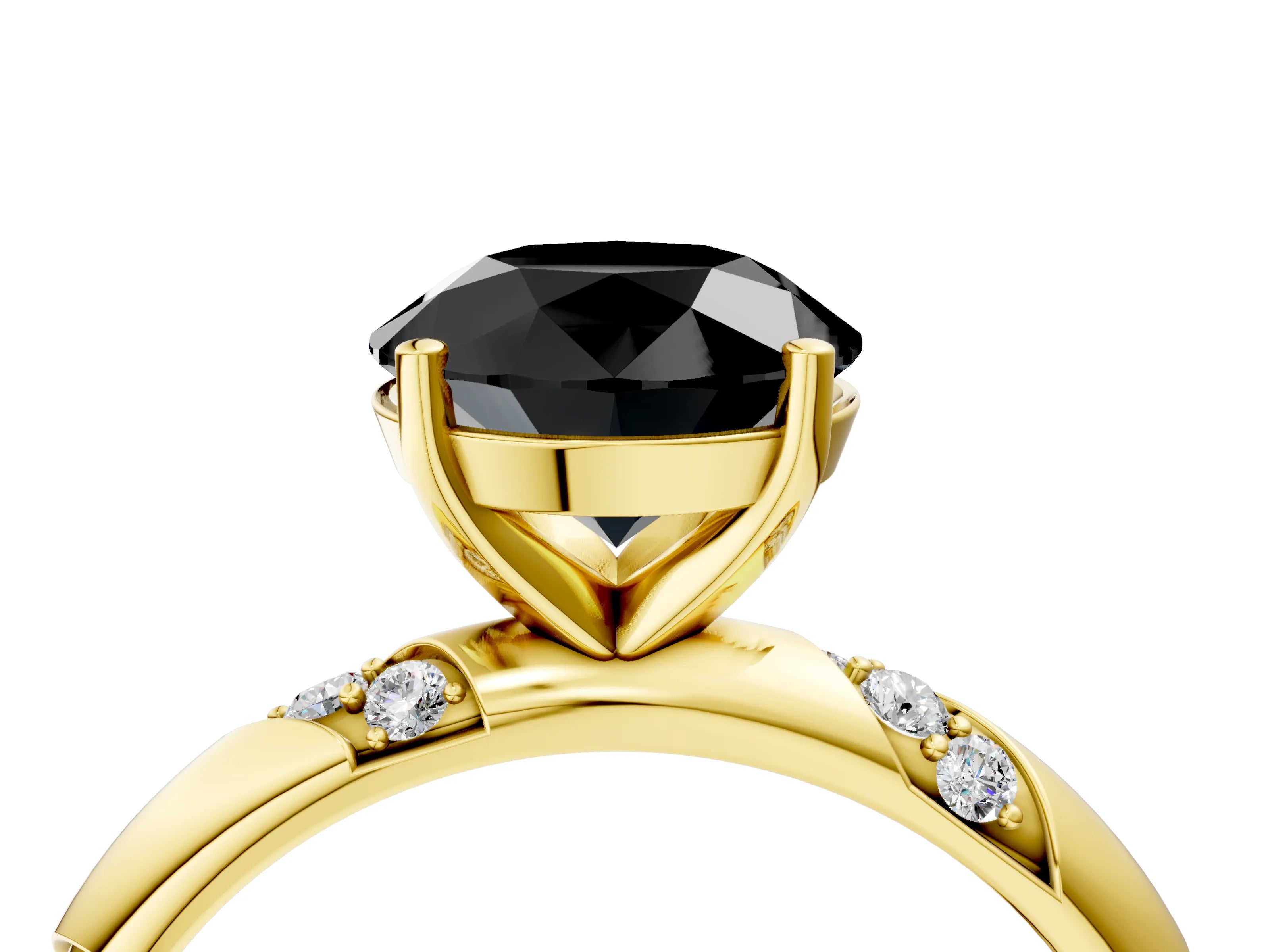 Yellow gold Fancy Black Round Cut Solitaire Diamond Engagement Ring with Twisted Pave Band and Four-Prong Setting_7