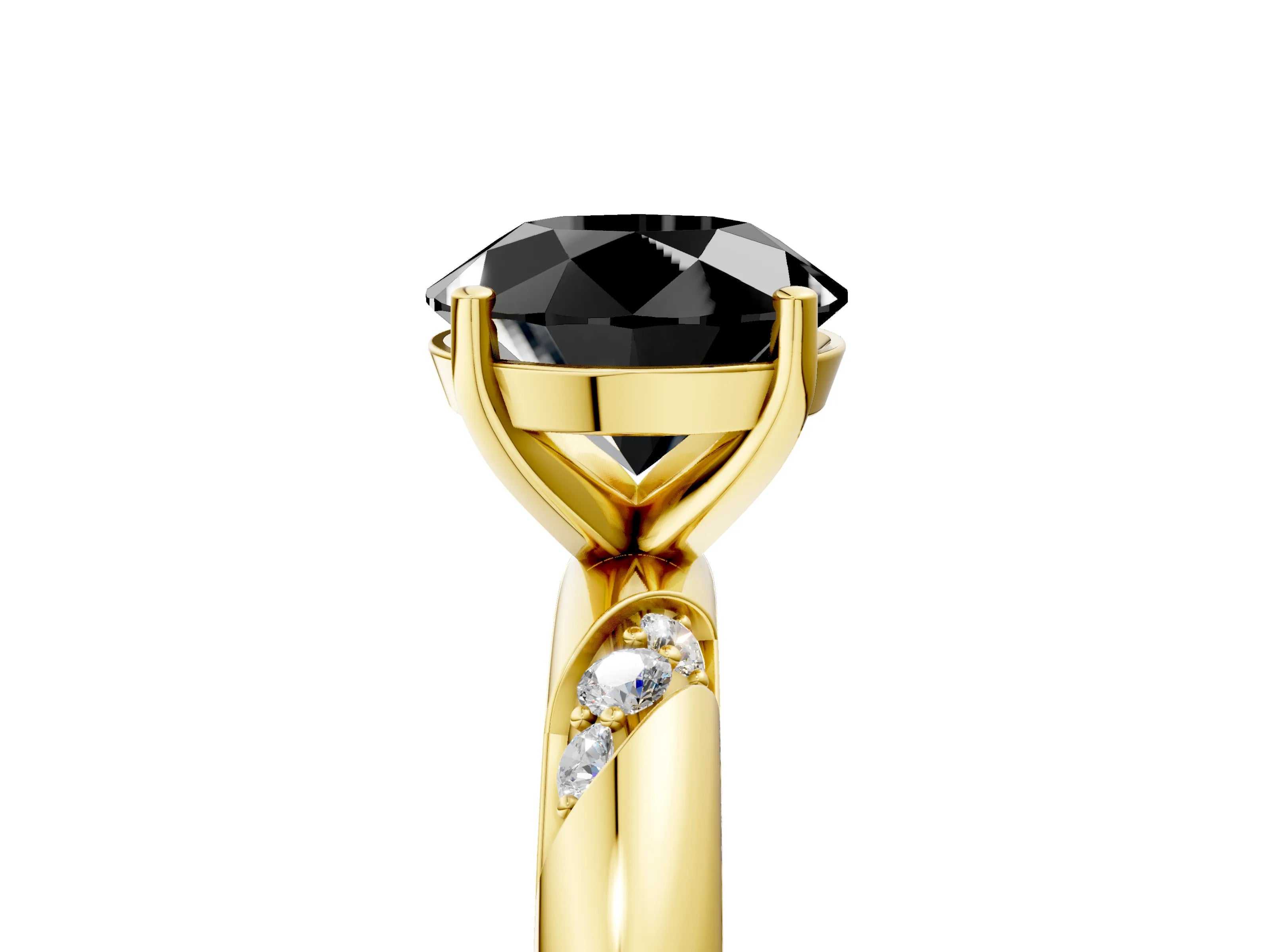 Yellow gold Fancy Black Round Cut Solitaire Diamond Engagement Ring with Twisted Pave Band and Four-Prong Setting_8