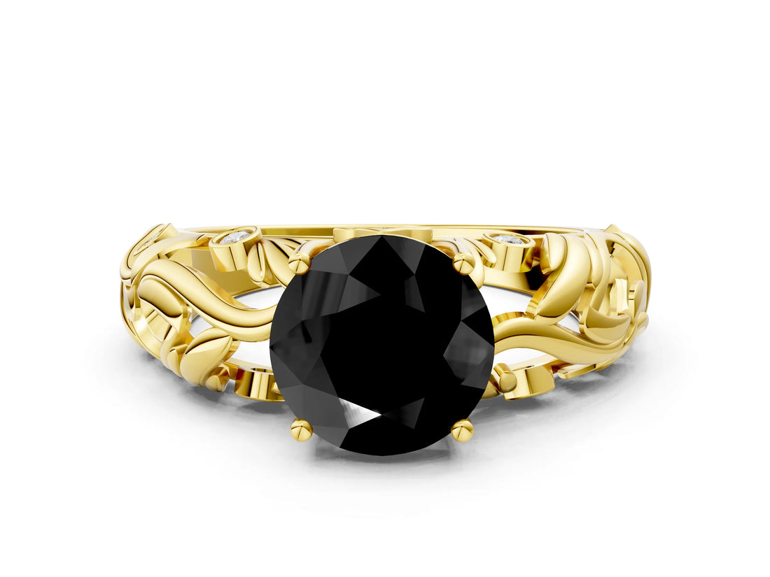 Yellow gold Fancy Black Round Cut Solitaire Diamond Leaf-Inspired Vine Band Ring with Prong Setting