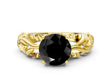 Yellow gold Fancy Black Round Cut Solitaire Diamond Leaf-Inspired Vine Band Ring with Prong Setting