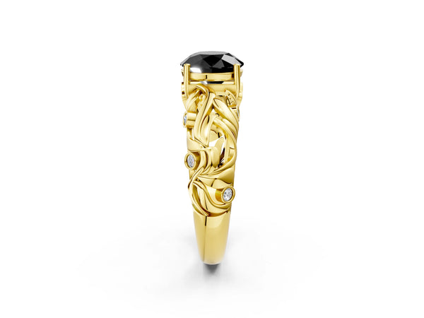 Yellow Gold Round Leaf Vine Solitaire Engagement Ring Setting for Black Center